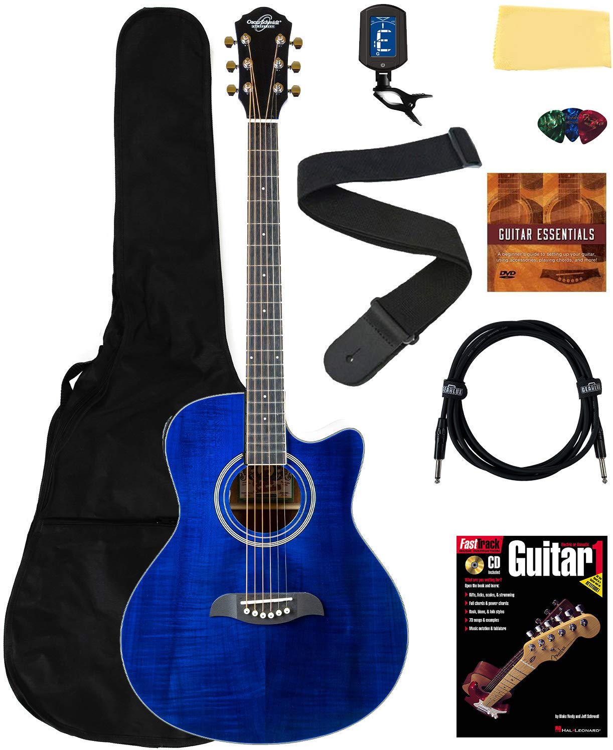 Oscar Schmidt OA10CE Mini Auditorium Acoustic-Electric Cutaway Guitar Bundle w/Gig Bag, Gearlux Cable, Tuner, Strap, Picks, Book, DVD, and Austin Bazaar Polishing Cloth - Transparent Blue