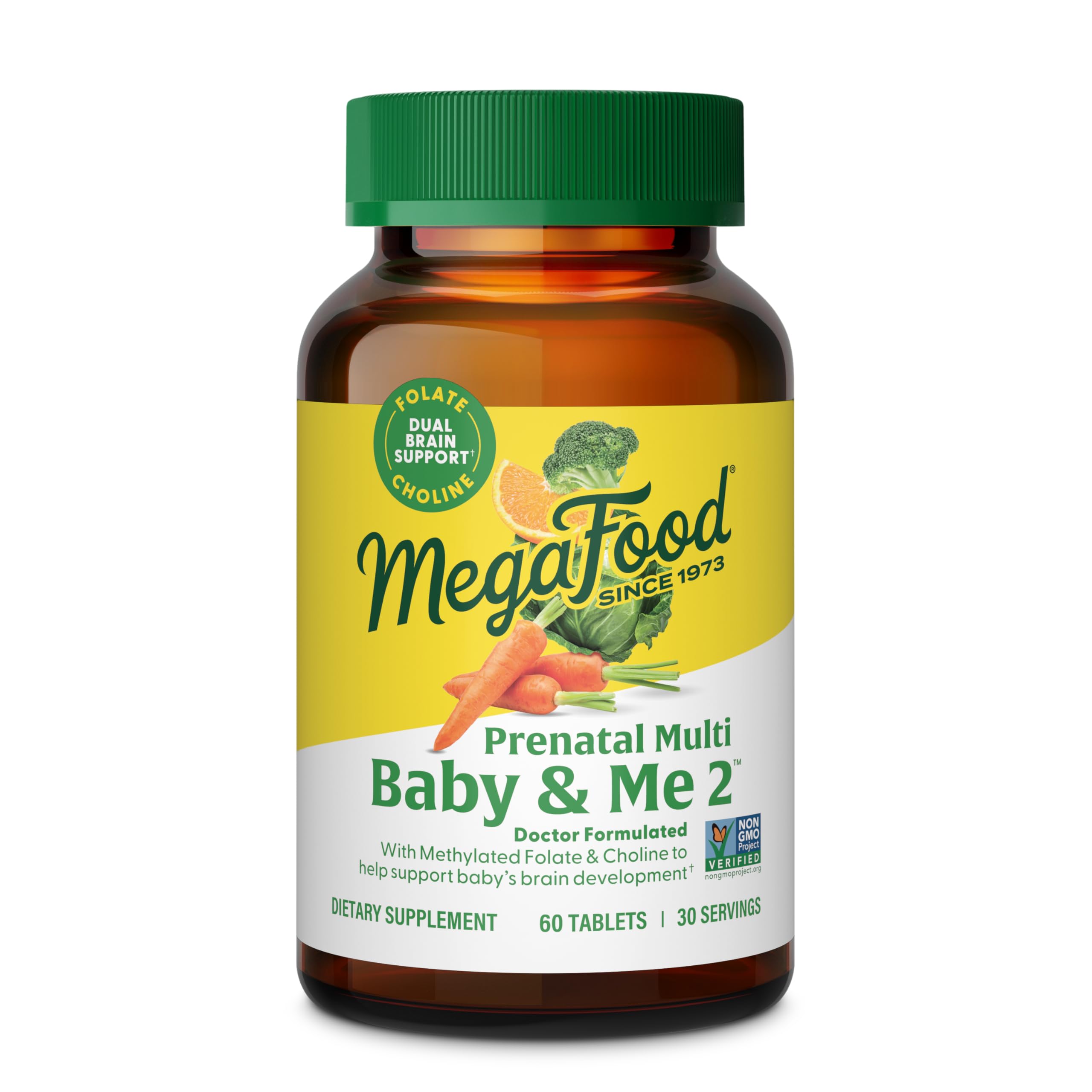 MegaFood Baby & Me 2 Prenatal Multi - Prenatal Vitamins for Mom & Developing Baby - Dr Formulated with Essential Nutrients like Folic Acid, Choline, Biotin, and More - Non-GMO - 60 Tabs (30 Servings)