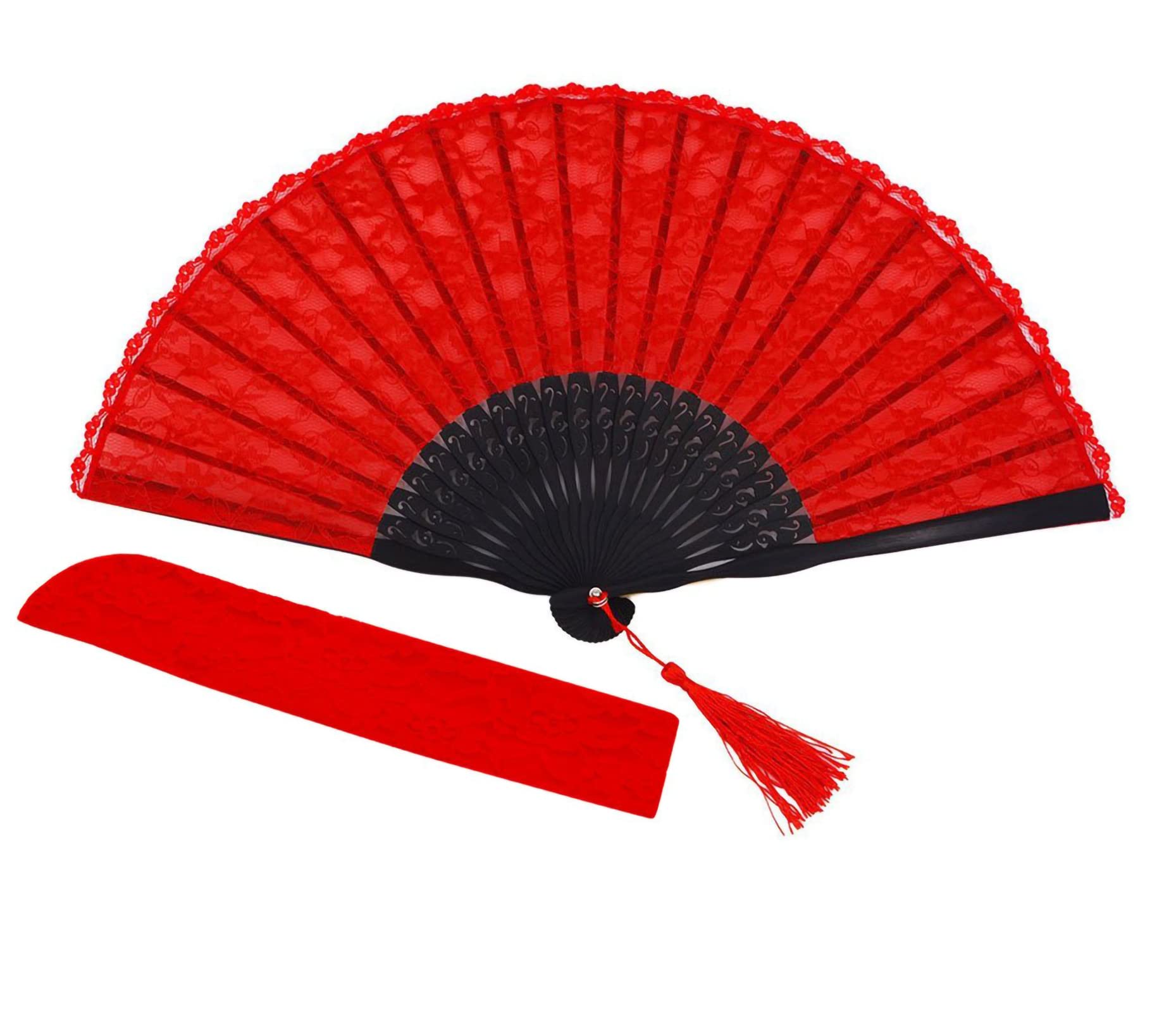 KASTWAVE Hand Fan, Chinese Fan,Silk Fabric Bamboo Ribs Handheld Folding Wall Decoration Wedding Party, Hand Folding Fan with Bamboo Frame, Lace Fan for Women Girls Wedding Gifts (Red)