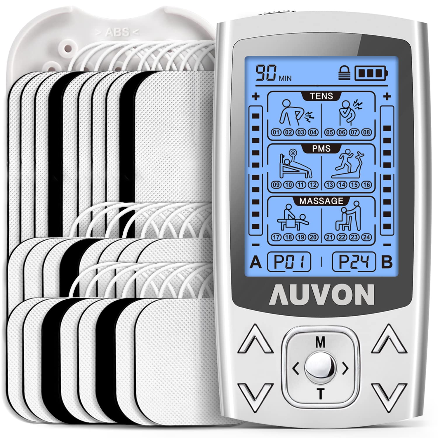 AUVON 24 Modes Dual Channel TENS EMS Unit, Rechargeable Muscle Stimulator with 26 Pads for Pain Relief for Your Shoulder, Back, Neck, Legs, Knee (2"x2" 16pcs, 2"x4" 10pcs)