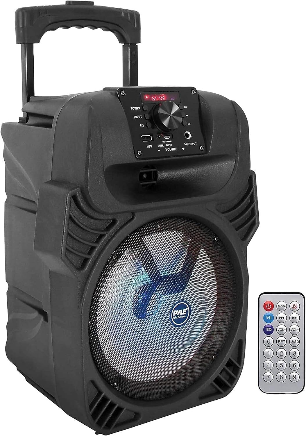 Pyle, Portable Dj Speaker System 400W, Pa Loudspeaker - 8” Subwoofer, USB/MP3/FM Radio/Mic Inputs, LED Lights, Rechargeable Battery w/Remote Control