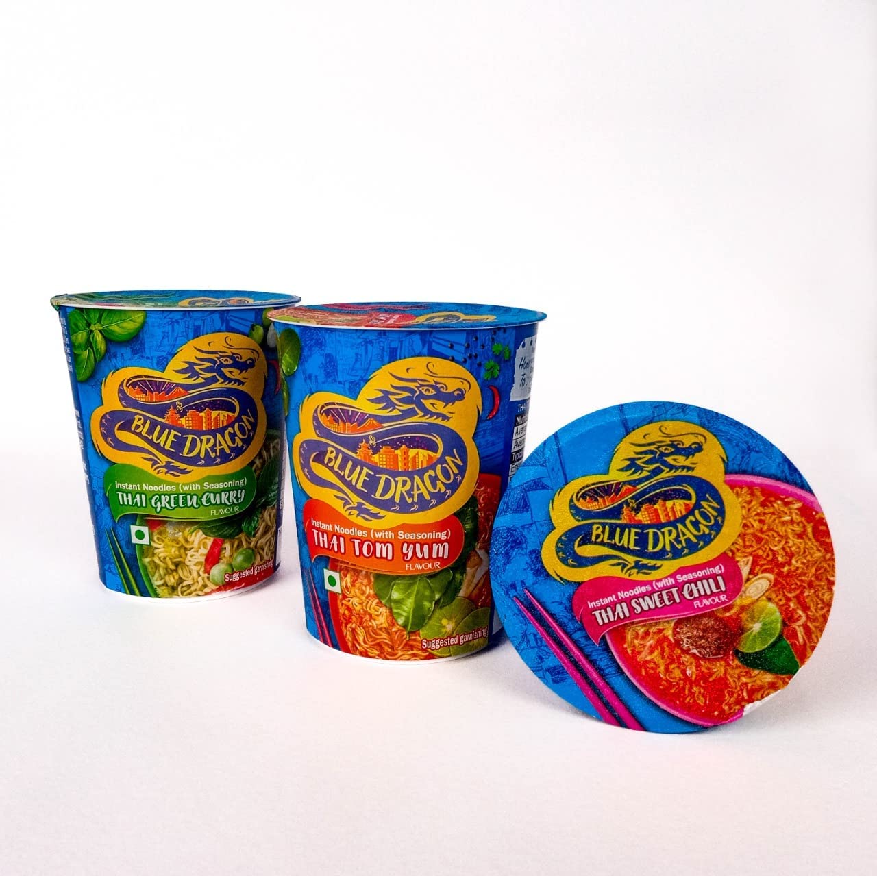 Blue Dragon Instant Cup Noodle Includes - Thai Tom Yum, Thai Green Curry & Thai Sweet Chilli Cup Noodles | Easy to Making | Vegetarian Food | No Preservative & Artificial Colors - (Combo of 3)