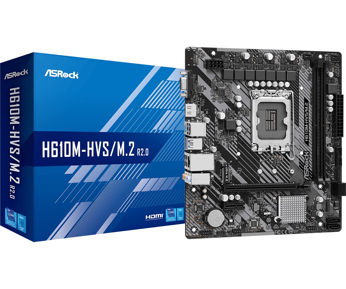 Asrock H610M-HVS/M.2 R2.0 Motherboard, Intel Socket 1700, 12th Gen, Micro ATX, DDR4 3200MHz, 1x PCIe 4.0 x16, 1x PCI-e 3.0 x1, 7.1 Channel Audio, Ultra M.2, USB 3.2 Gen1, Gigabit LAN, HDMI, VGA