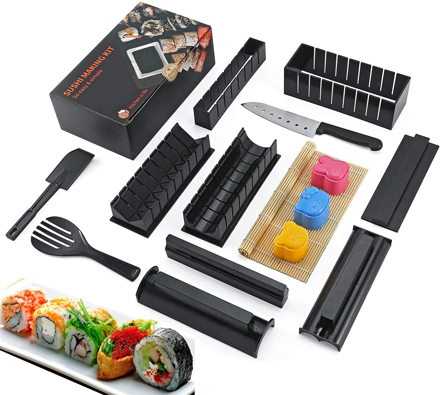 15 in 1 Sushi Making Kit, Sushi Roller kit with 8 Sushi Rice Roll Mold Shapes, Easy DIY Sushi Maker Tools with Bamboo Sushi Mat, Prefect Home Sushi Tool