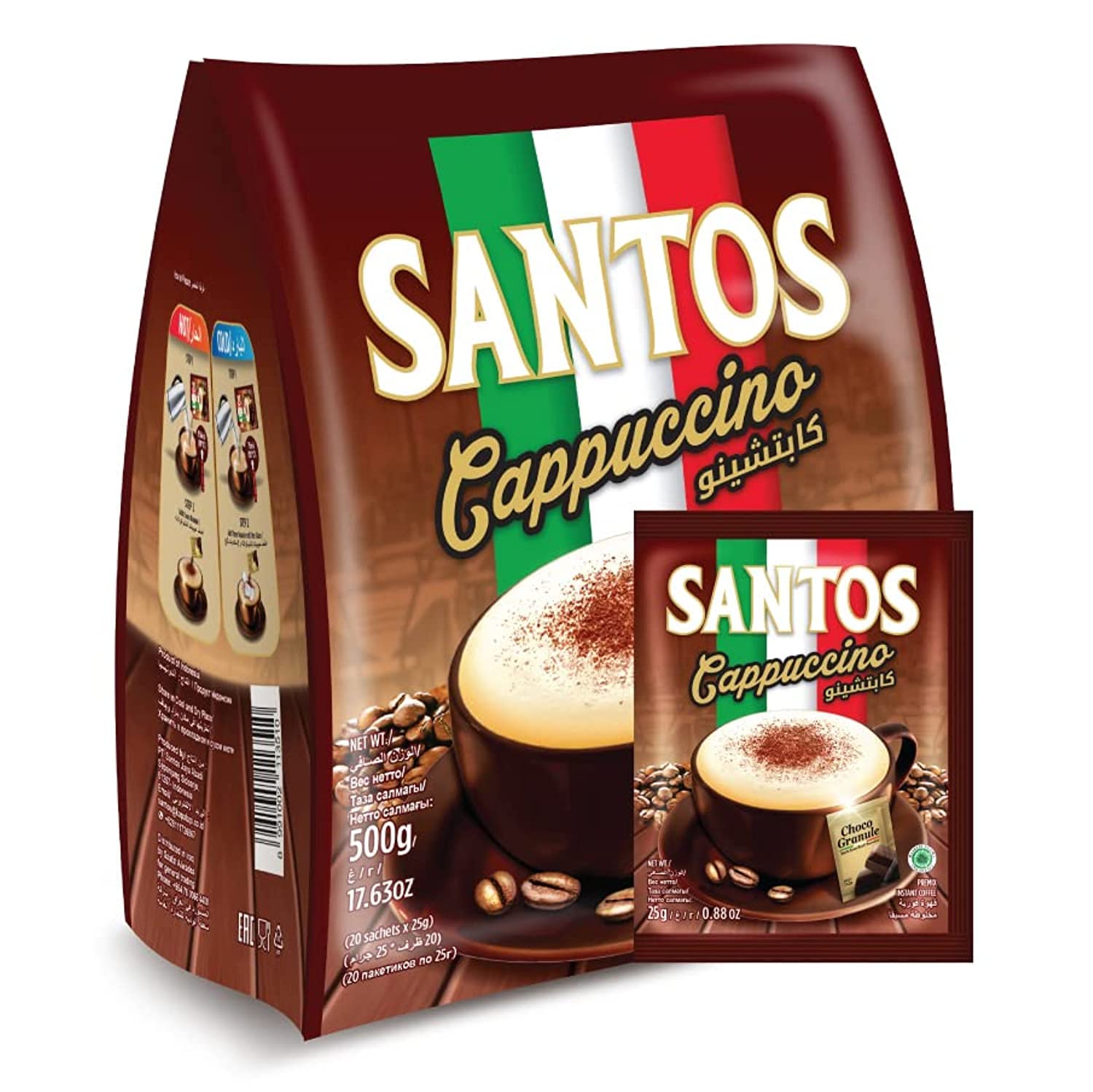 Santos Cappuccino - Premix Instant Coffee - with Choco Granule - 20 Sachets x 25g