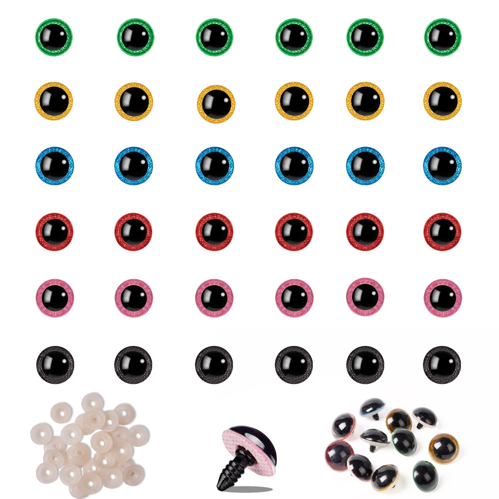 Nelytiya Safety Eyes 60pcs Plastic Safety Eyes, 16mm Glitter Craft Doll Eyes with Washers for Plush Animal Crochet Bear Toys Crafts Making, Stuffed Animal Eyes for Crochet Animals Doll Making Supplies