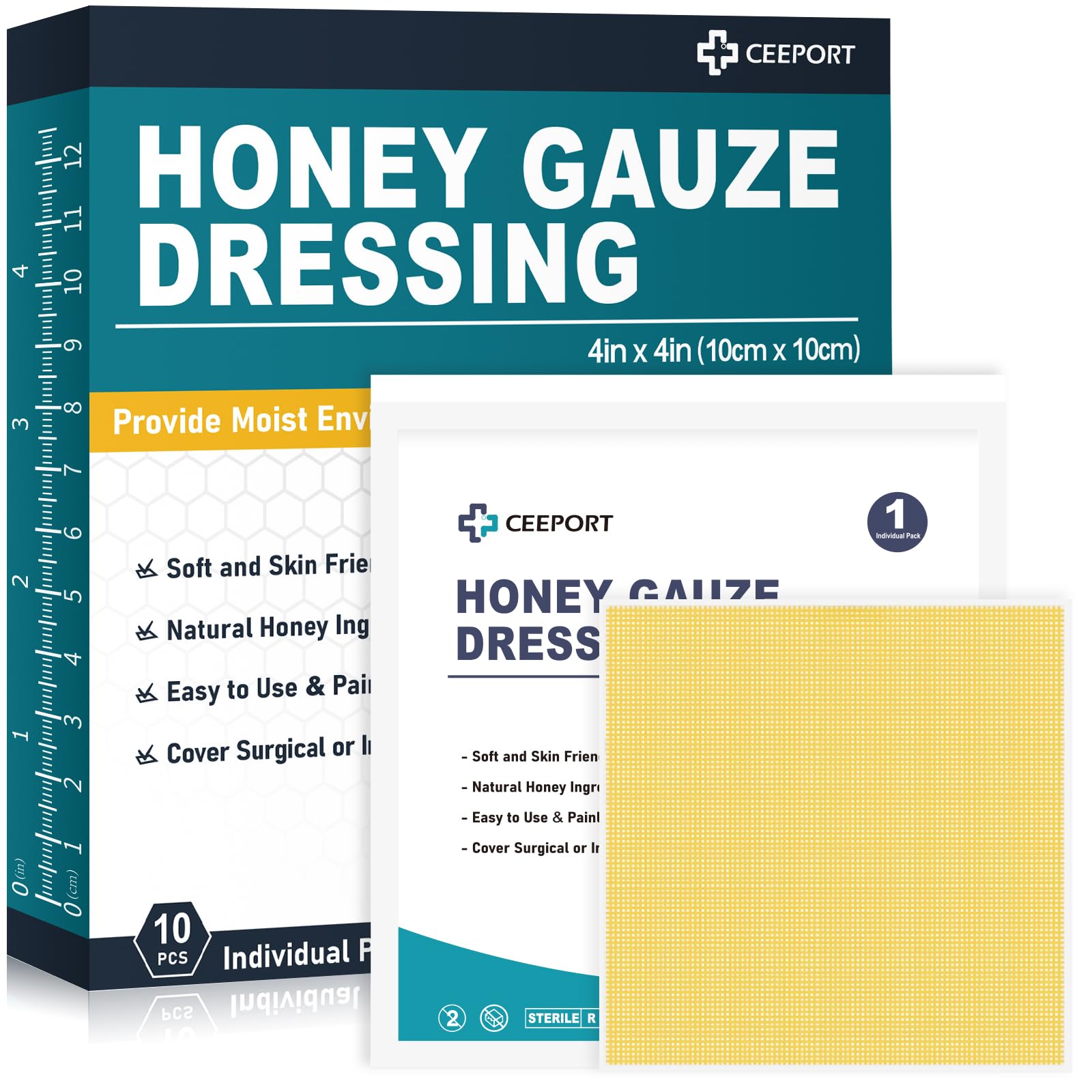 Honey Gauze Wound Dressing, 4" x 4" Manuka Honey Wound Care, Medical Grade Honey Bandages for Wound Care, Honey Patch for Faster Healing from Burns, Abrasions, Cuts and Scalds (Pack of 10)