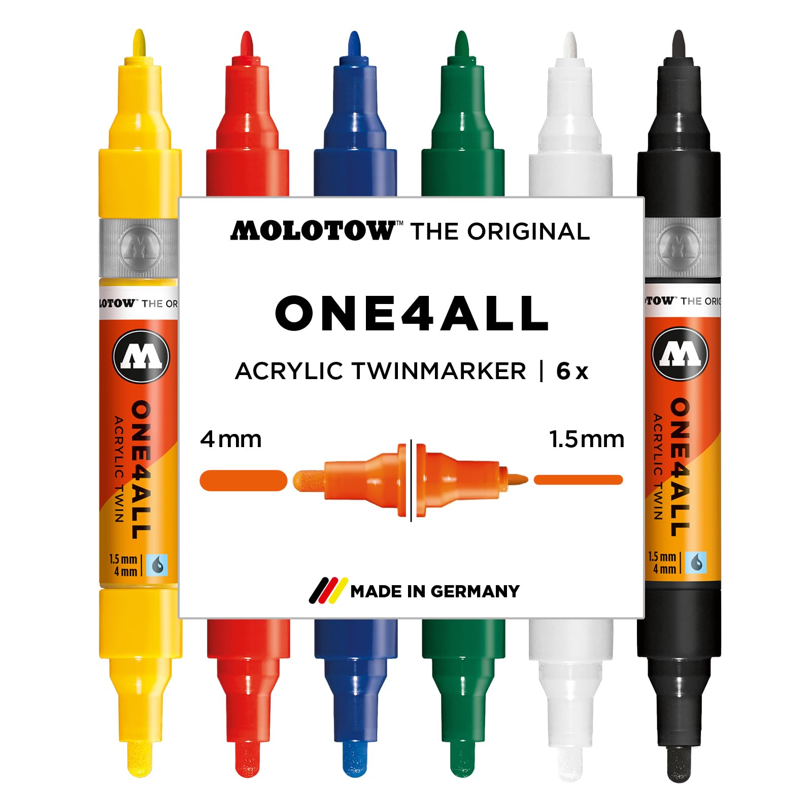 MOLOTOWOne4All Acrylic Twin Marker Basic Set 1 (1.5 and 4.0 mm Line Width, High Coverage and Permanent, Quick Drying, Refillable, for Almost All Surfaces) Pack of 6 Assorted