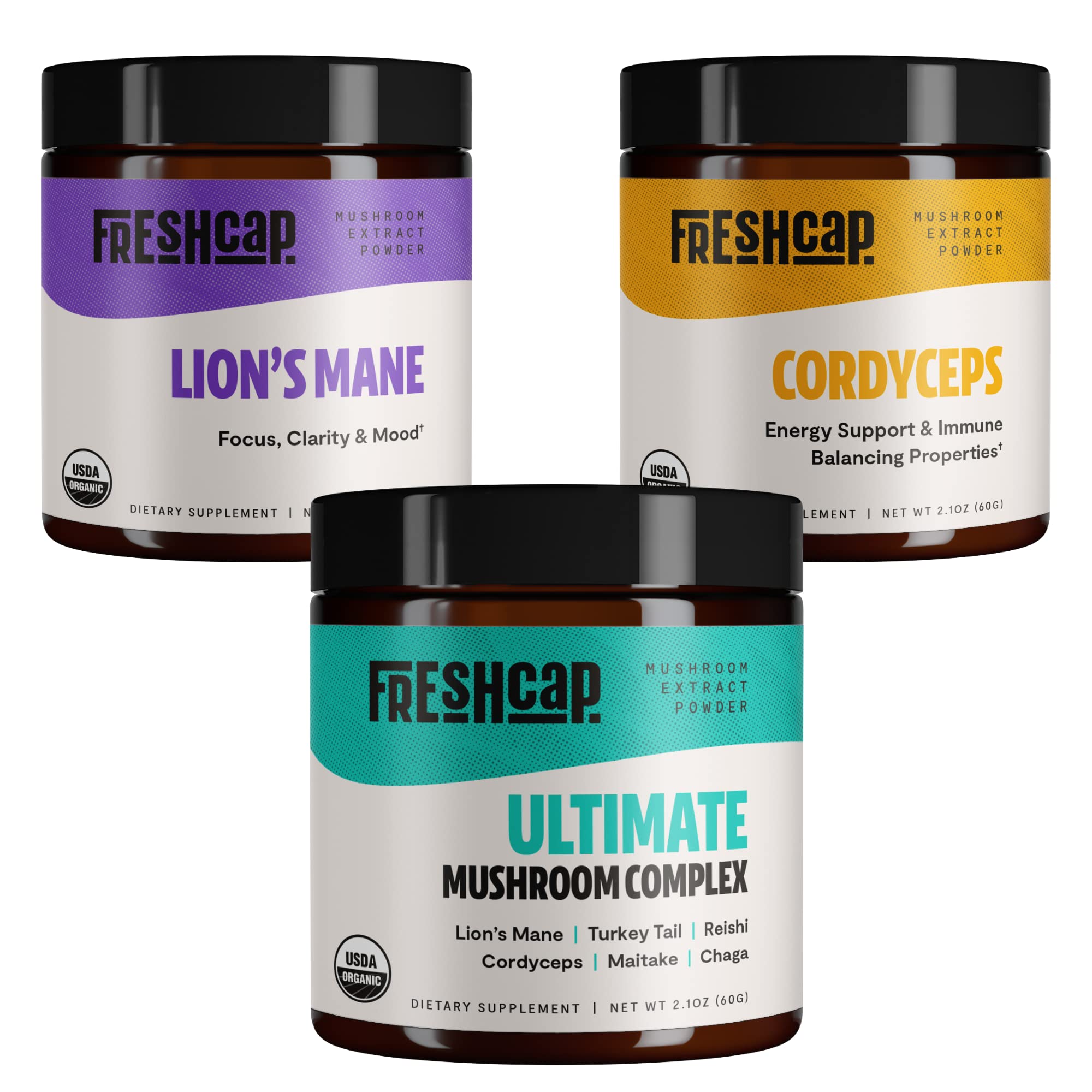 FreshCap, Try Mushrooms Starter Kit, Lion's Mane, Cordyceps, Ultimate Blend (60 Gram Powder)