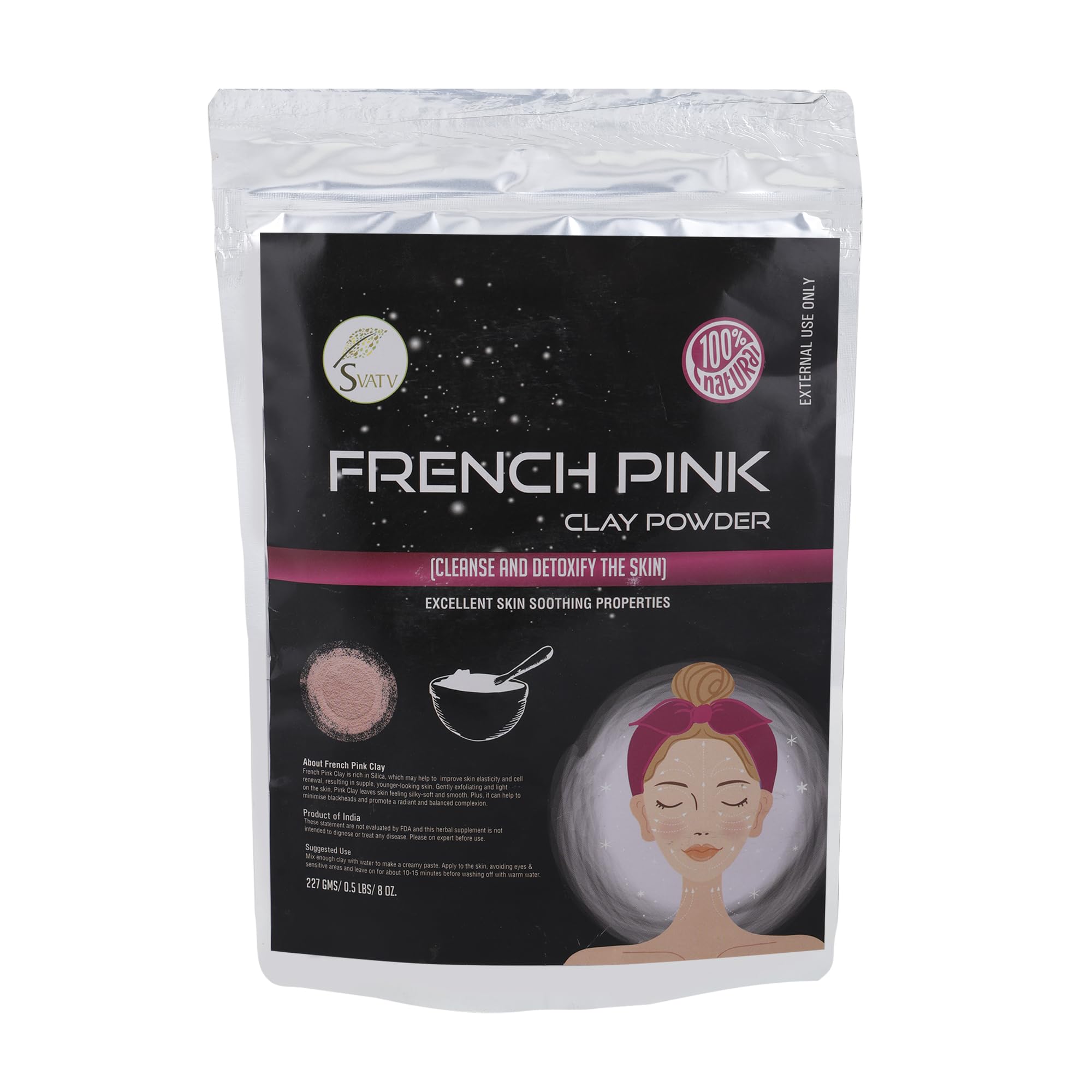 SVATV French Pink Clay | Montmorillonite Powder | Rose Clay | Hydrating & Rejuvenate Skin care Powder | Natural Face Mask | Used For Soap Making - 227 Gram, Half Pound, 8 Ounce.