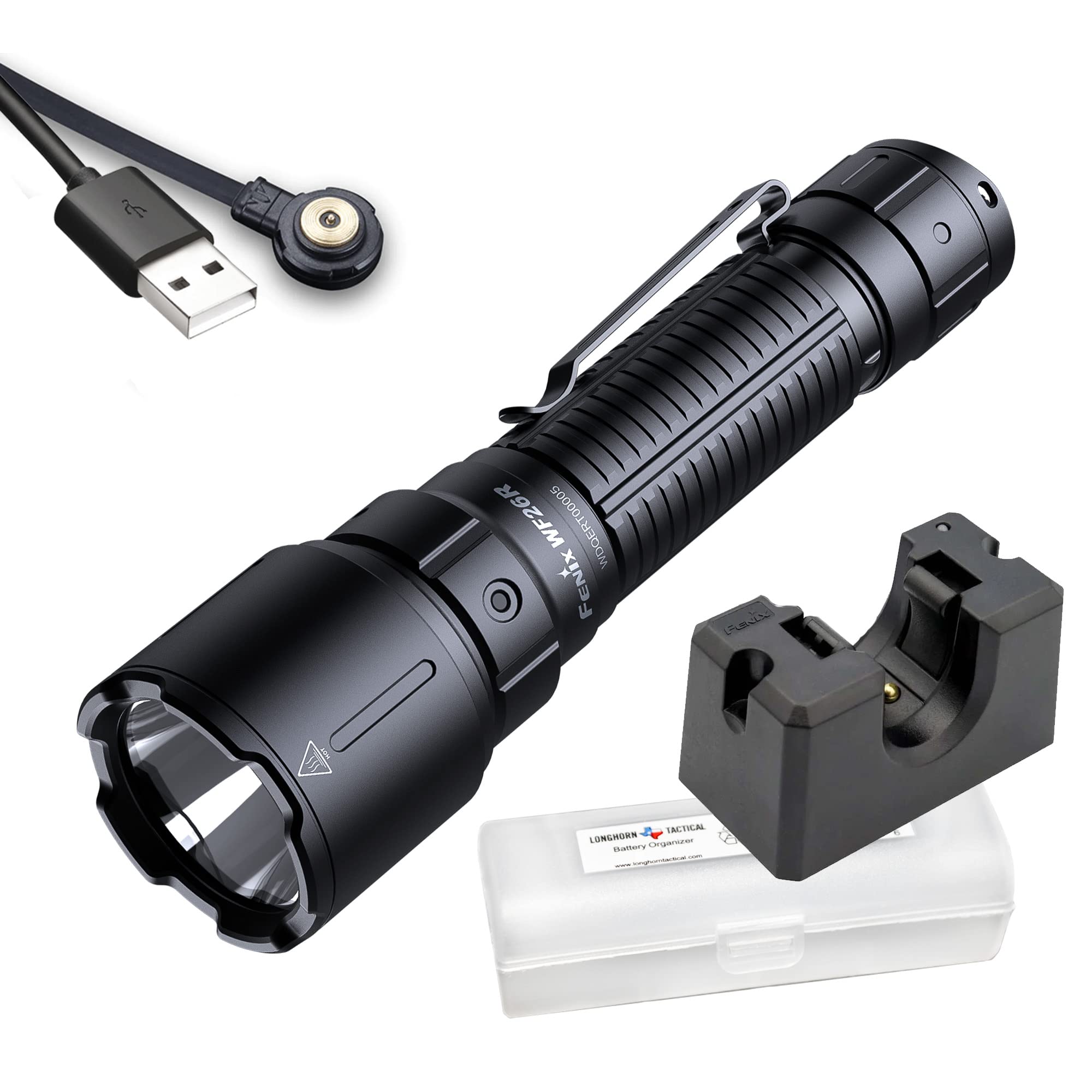 Fenix WF26R Rechargeable Police Flashlight, 3000 Lumen Super Bright Duty Light with Charging Cradle and LumenTac Organizer