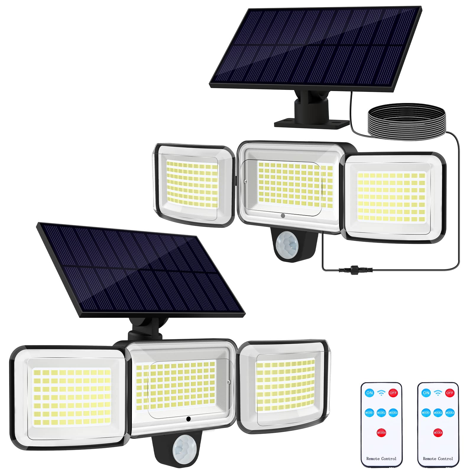 Adiding Solar Outdoor Lights, 3 Heads 3500LM LED Flood Light with 16.4 Ft Cable, 4 Modes Motion Sensor Solar Lights for Outside with Remote, Solar Powered Security Lights for Patio,Yard,Garage, 2 Pack