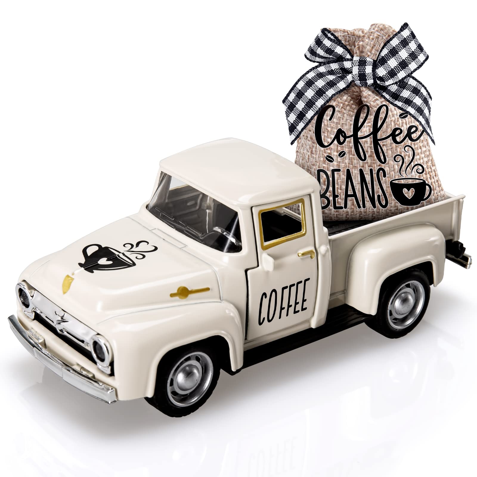 Huray RayhoCoffee Decor for Coffee Bar Metal Truck with Coffee Beans Burlap Sack Vintage Pickup Farmhouse Coffee Station Tabletop Tiered Tray Decor Mini Diecast Truck Decorations