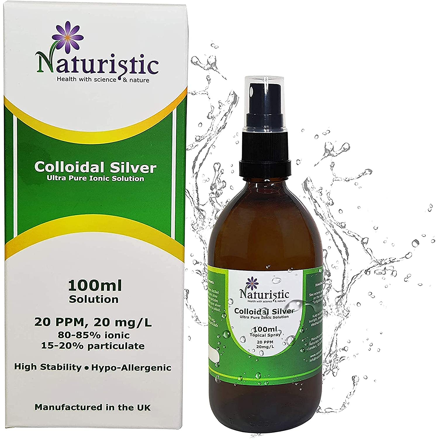 Colloidal Silver Water Spray ● 20 PPM ● 100ml Amber Glass ● Small Particle Size for Optimal Results ● 100% Natural ● Immune Support (100ml)