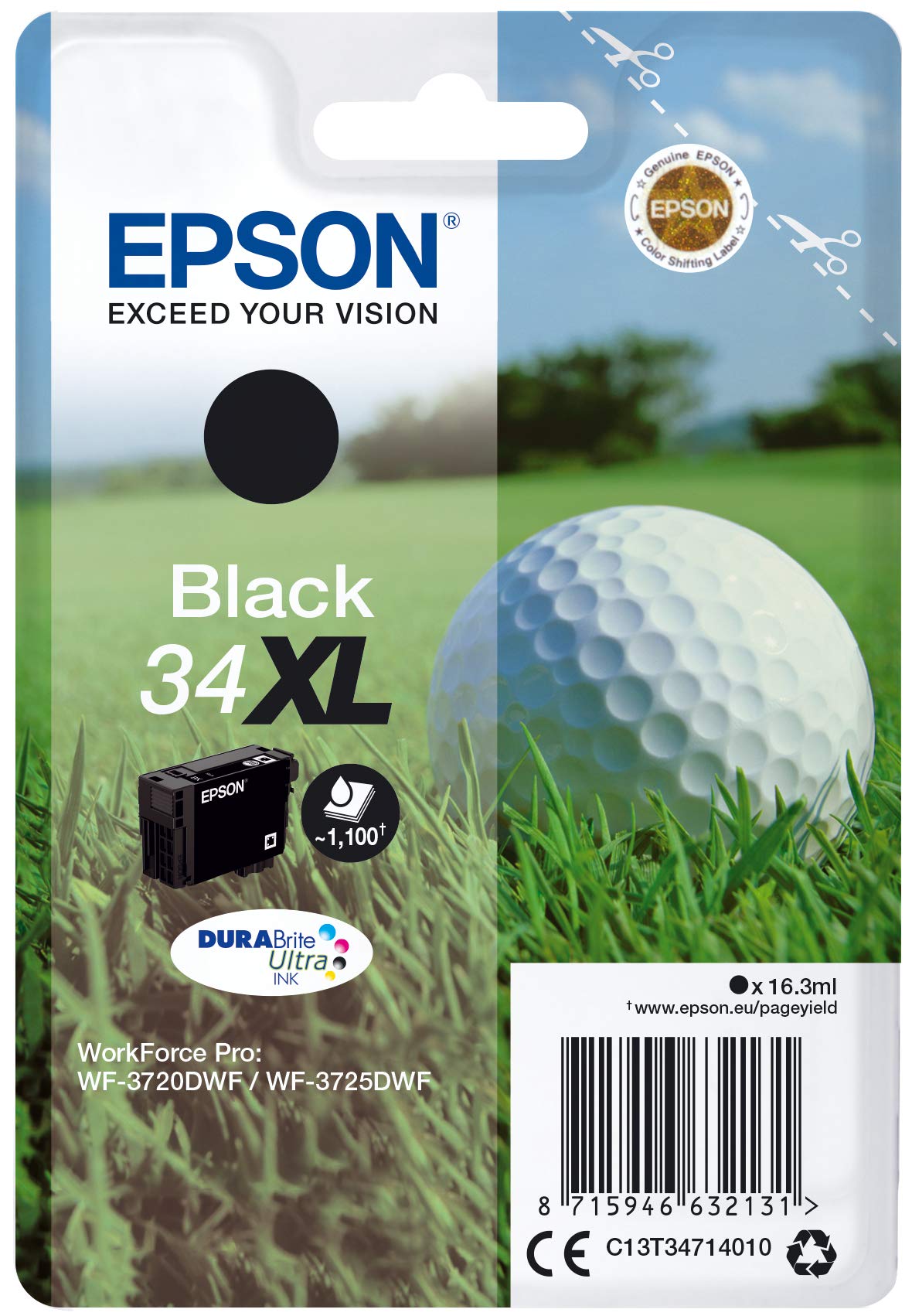 Epson34XL Black Golfball Genuine High Yield, DURABrite Ultra Ink Cartridge