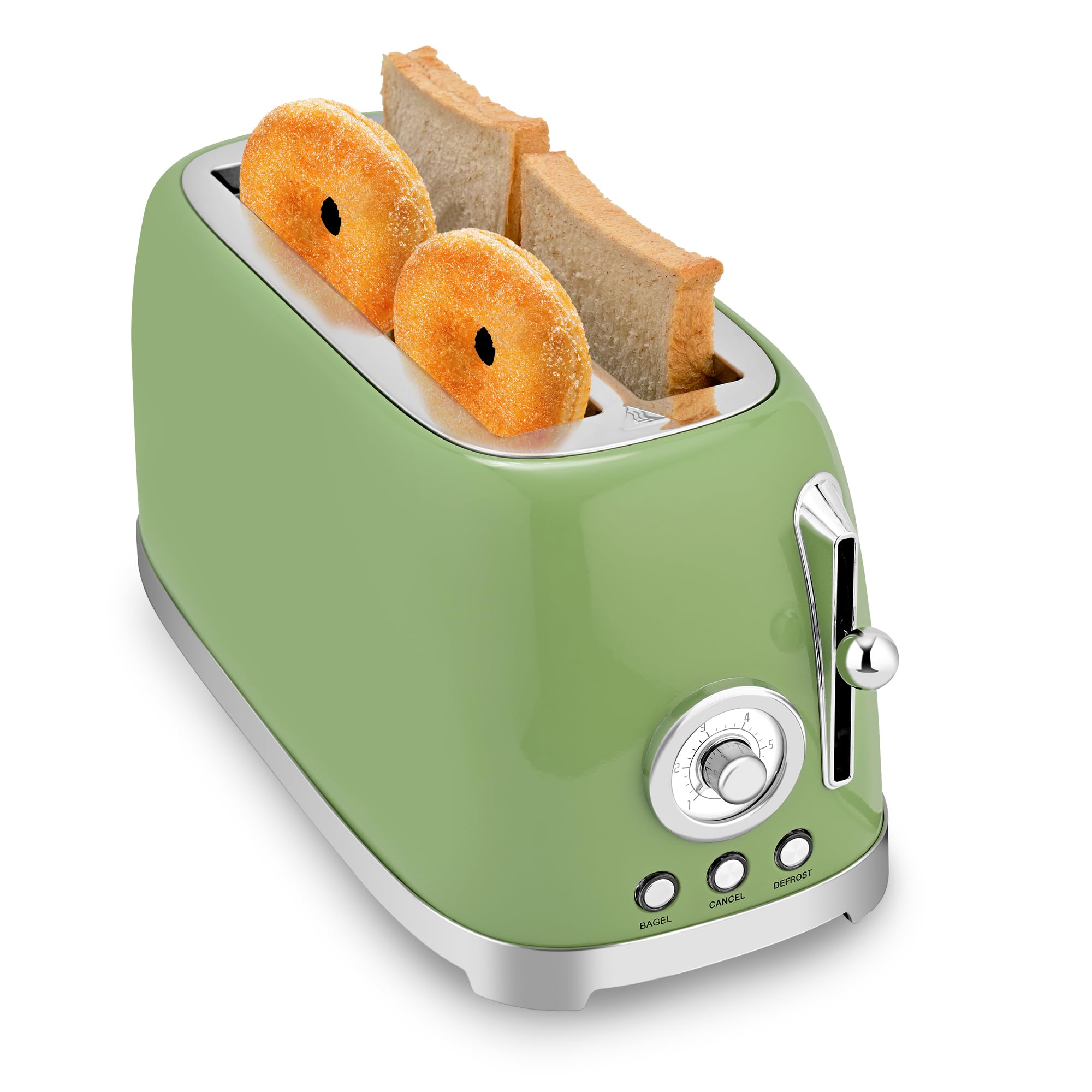 SUSTEAS Toaster 4 Slice Wide Slot, Stainless Steel Bread Bagel Toasters, Retro Long Slot Tostadora for Defrost, Reheat, Removable Crumb Tray, 1500W, 6 Browning Settings, Retro Green