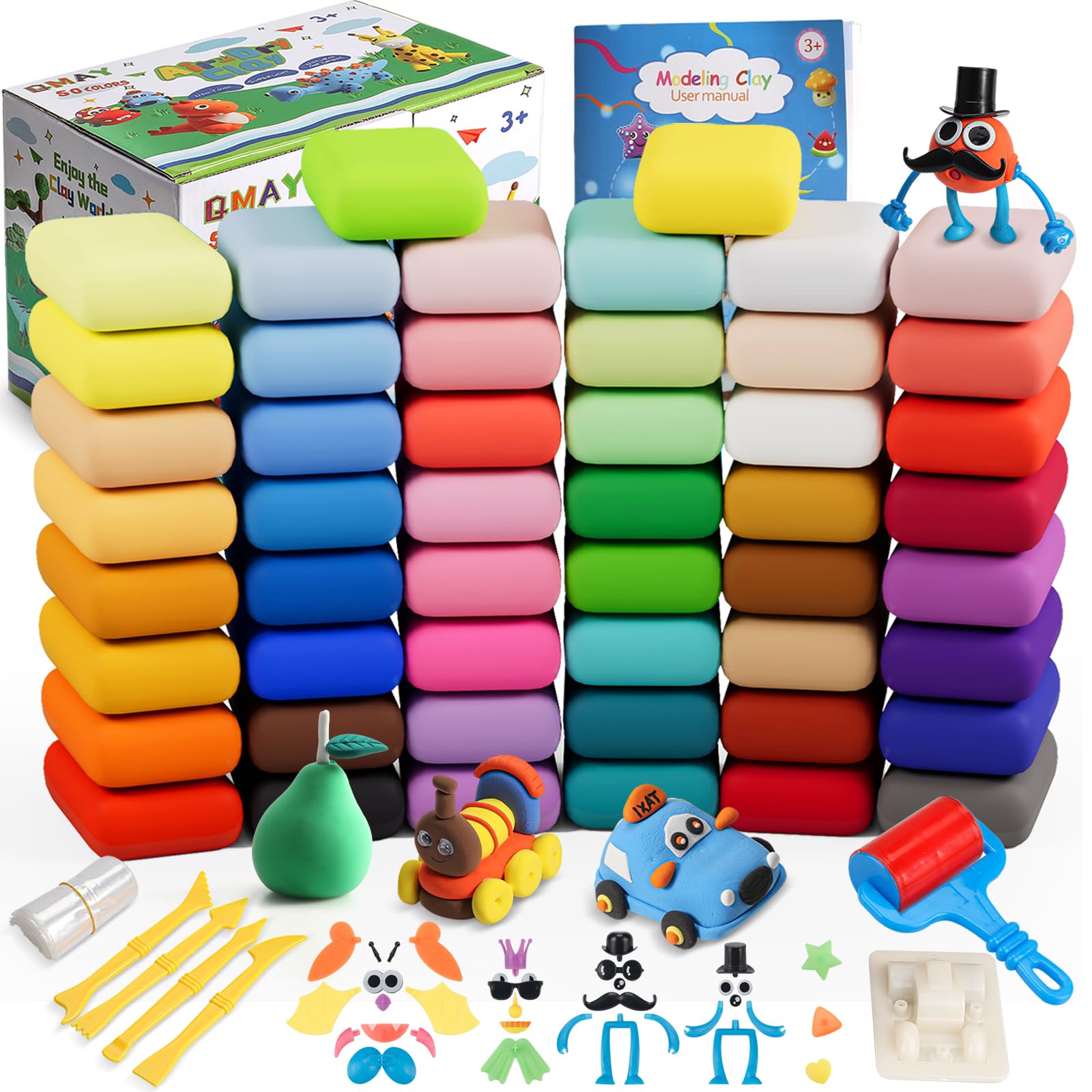 QMayModeling Clay Kit, 50 Colors Air Dry Ultra Light Clay, Safe & Non-Toxic, Great Gift for Kids