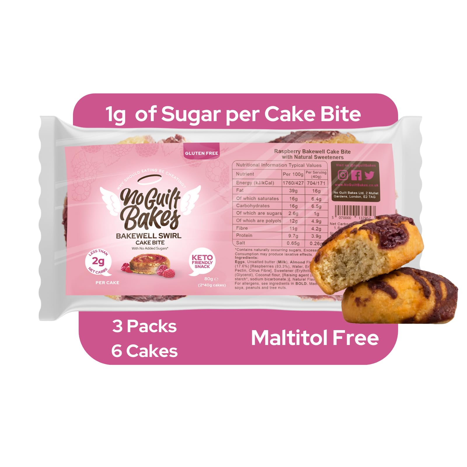 No Guilt BakesKeto Cake Bites (Raspberry Swirl, 6 Packets) - Dive into Gluten-Free Bliss | Zero Sugar Added | Perfect Diabetic Dessert | Essential Keto Diet Snack