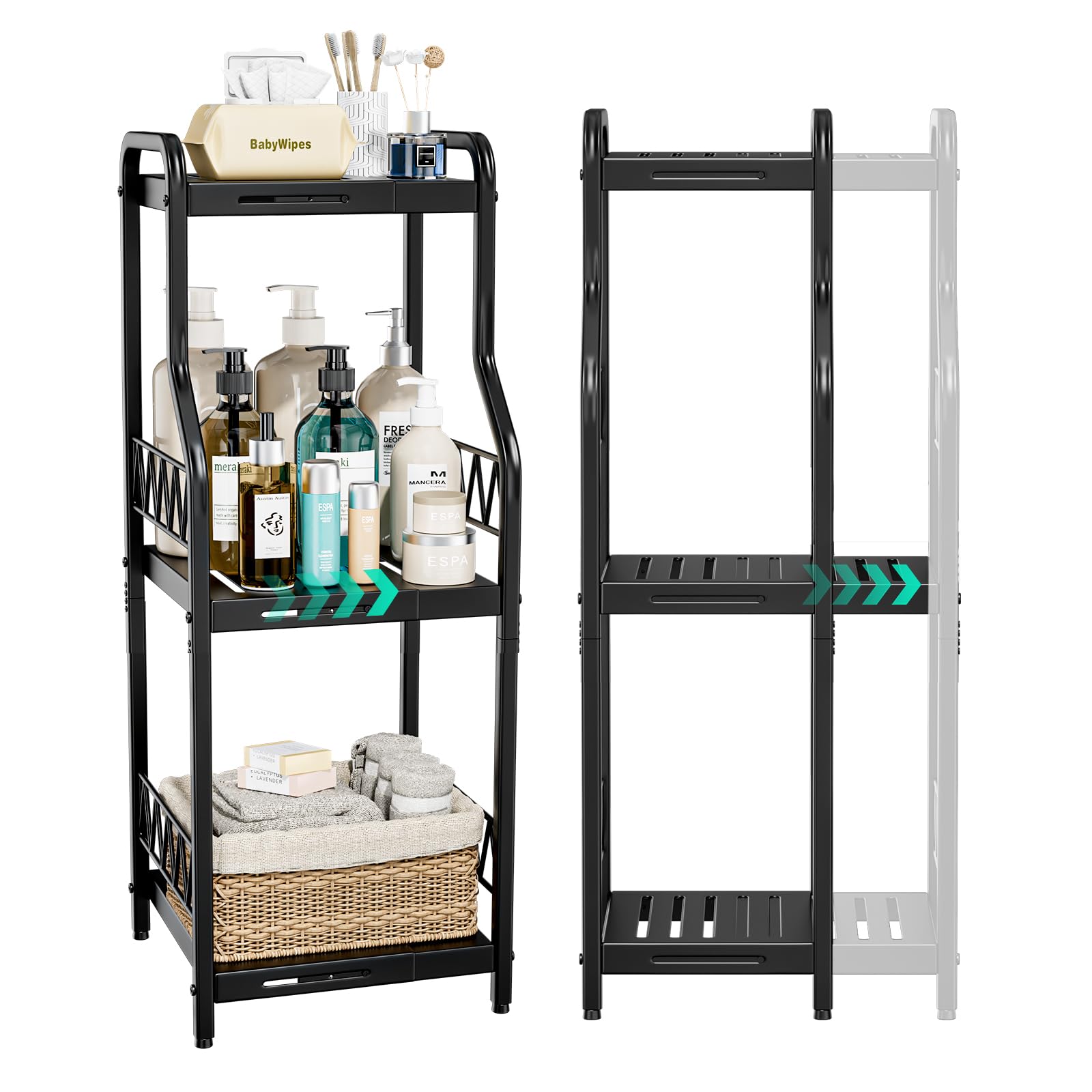 HapiRmExpandable Slim Storage Shelf - 3-Tier Free-Standing Metal Shelving Unit for Bathroom Storage Organizer, Narrow Shelf Open Floor Shelves Ideal for Bathroom Kitchen Laundry