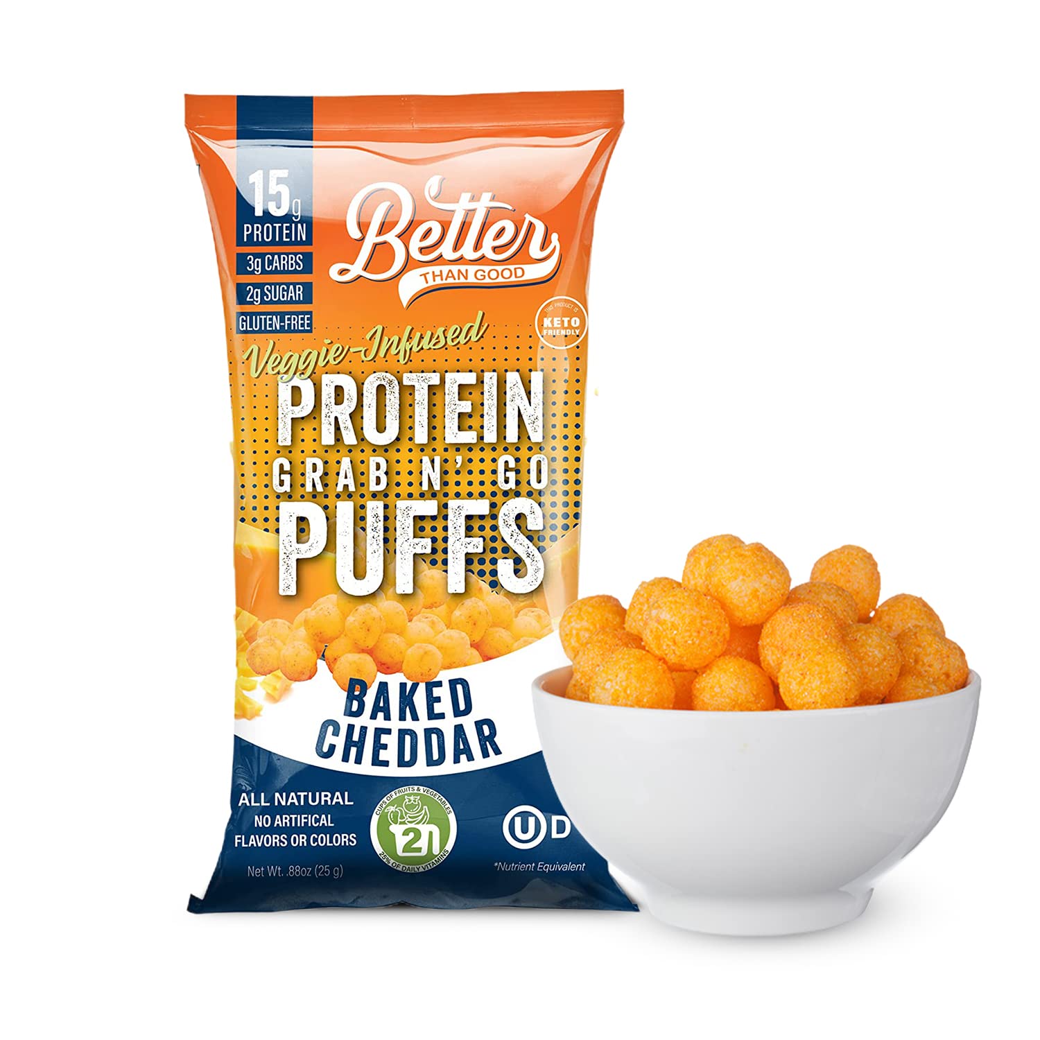 Better Than Good Savory Keto, Gluten-Free Baked Cheddar Protein Puffs (4-Pack) - Paleo, Low Sugar, Low Calorie, Diabetic Friendly Snacks | 15g Protein & 2 Servings of Fruits & Veggies