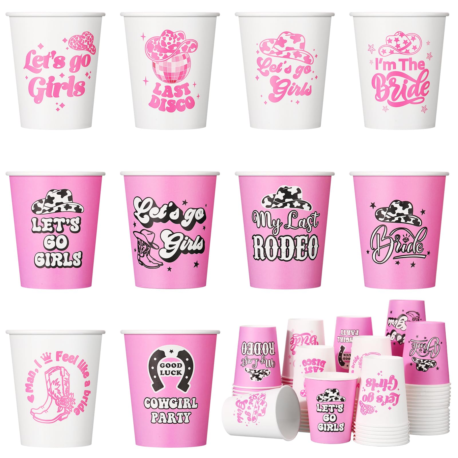 Mifoci 100 Pcs Disco Cowgirl Bachelorette Party Disposable Cup 9 oz Paper Cups Pink Let's Go Girls Retro Bachelorette Party Decorations for Space Cowgirl Bridal Shower Party Supplies, 10 Styles