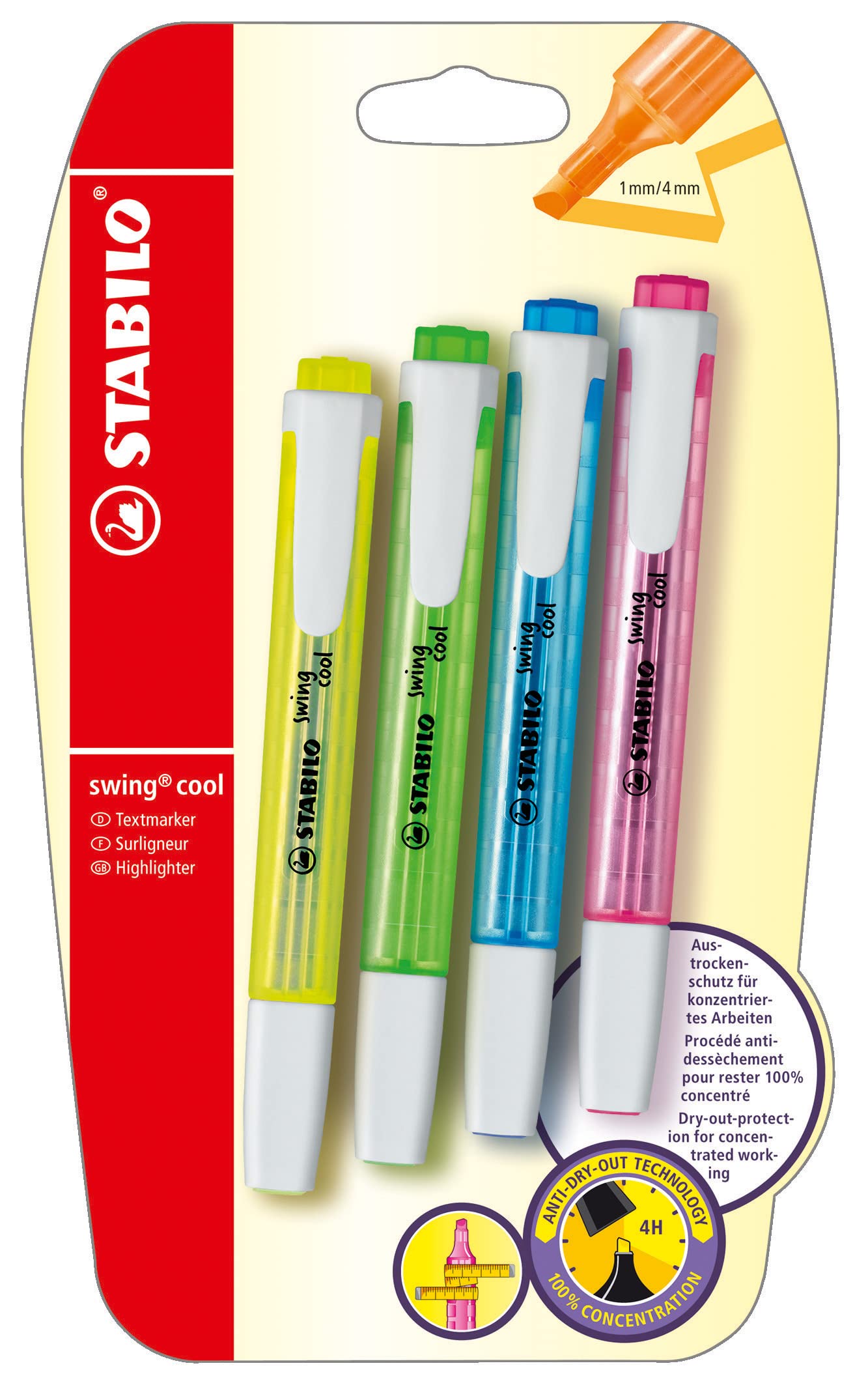 StabiloSwing Cool Highlighters Pack of 4 Green Yellow Blue Pink