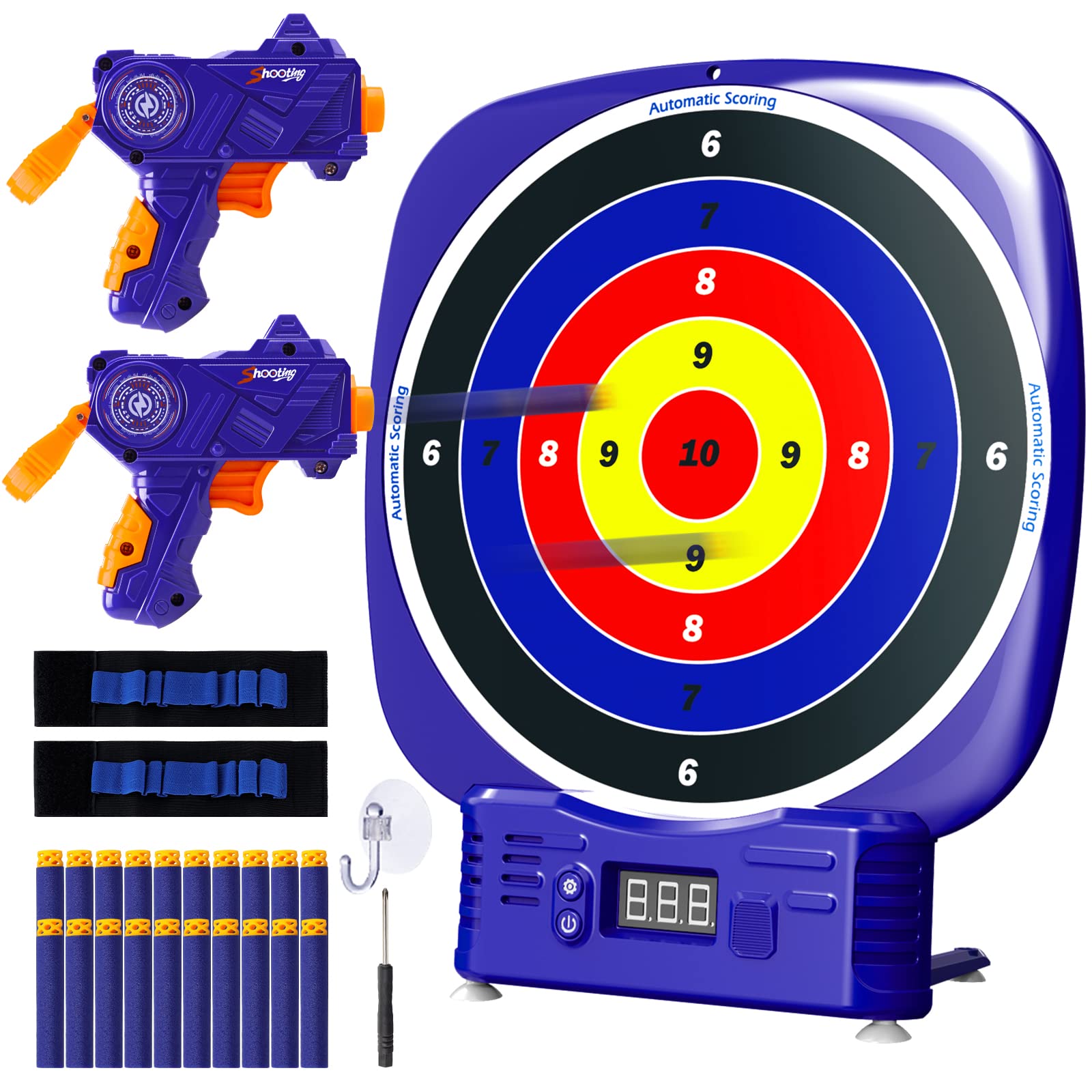 AISIPRIN Electronic Digital Target for Nerf Guns Toys,Electric Scoring Target with Sound Effect,Auto Scoring Targets with 2 Pack Toy Guns,20 Darts,Hand Wrist Bands,screwdriver,Outdoor games for kids