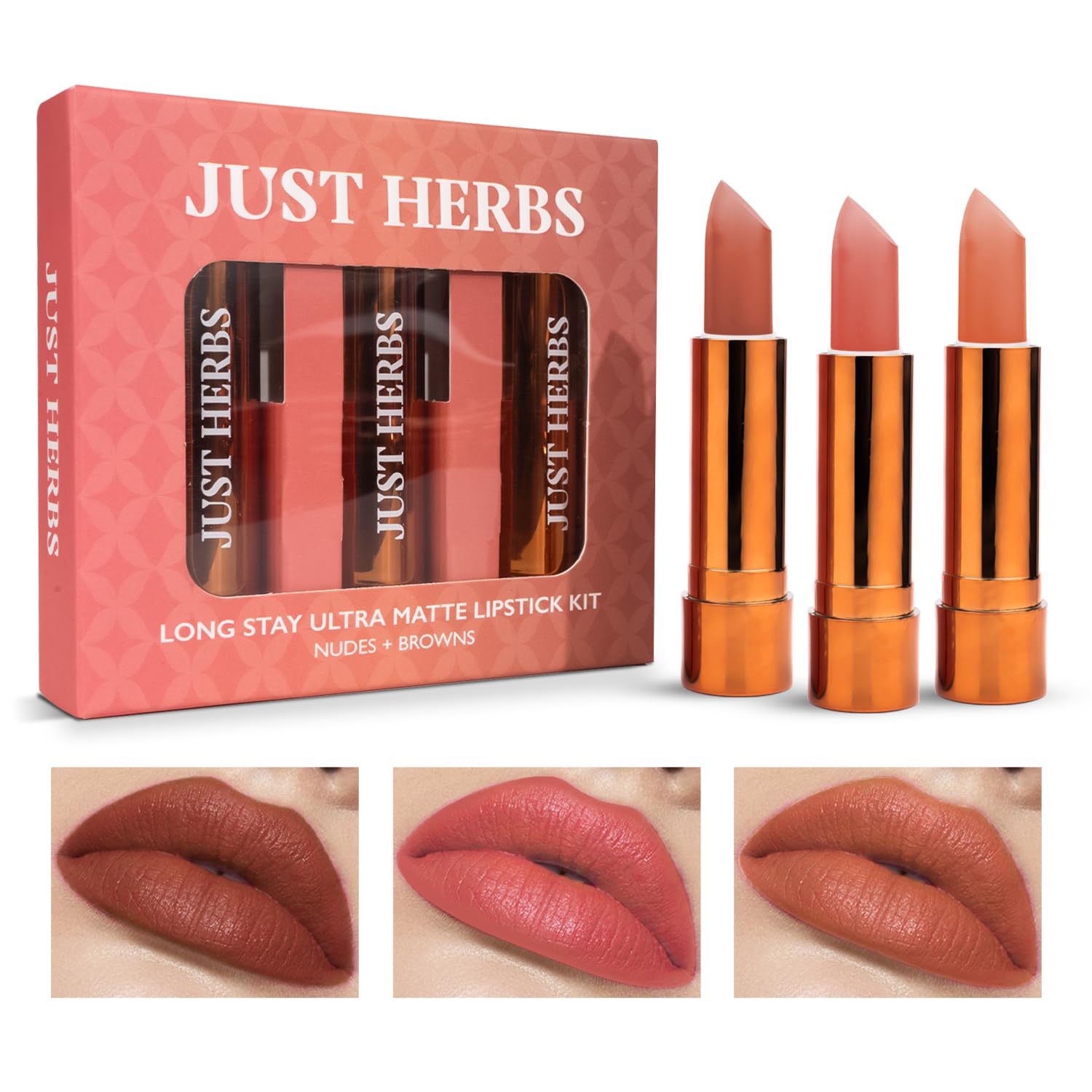 Just Herbs Ultra Matte Bullet Lipstick Nourishing Non Drying and Long Stay Lipsticks for Women (Nudes & Browns, Set of 3)