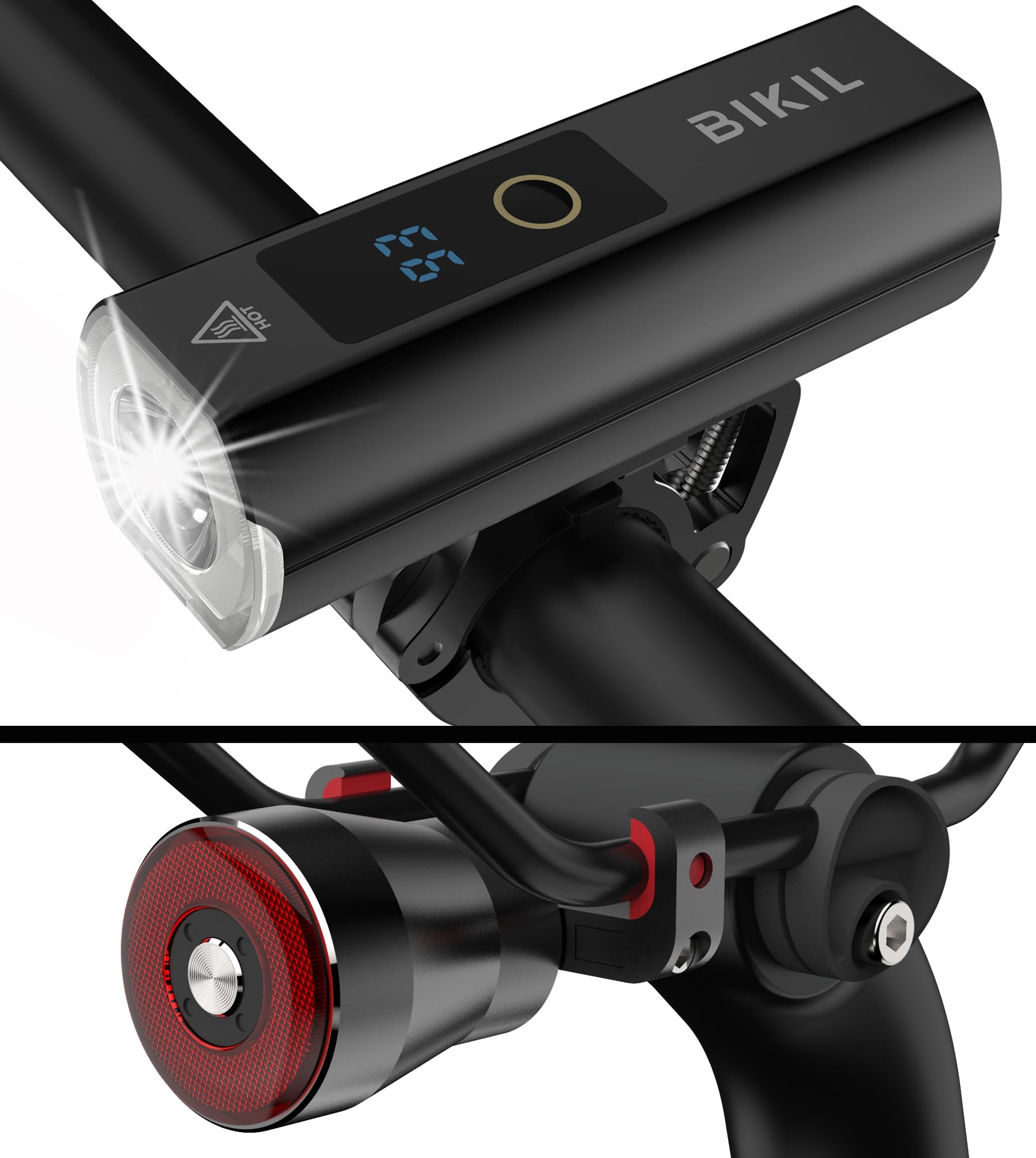 BIKILAluminium Front and Rear Bike Light and Intelligent Rear Light Brackets 5000 mAh USB C Rechargeable Bicycle Light with Battery Level Display Bicycle Lamp Powerful LED Mountain Bike Headlight