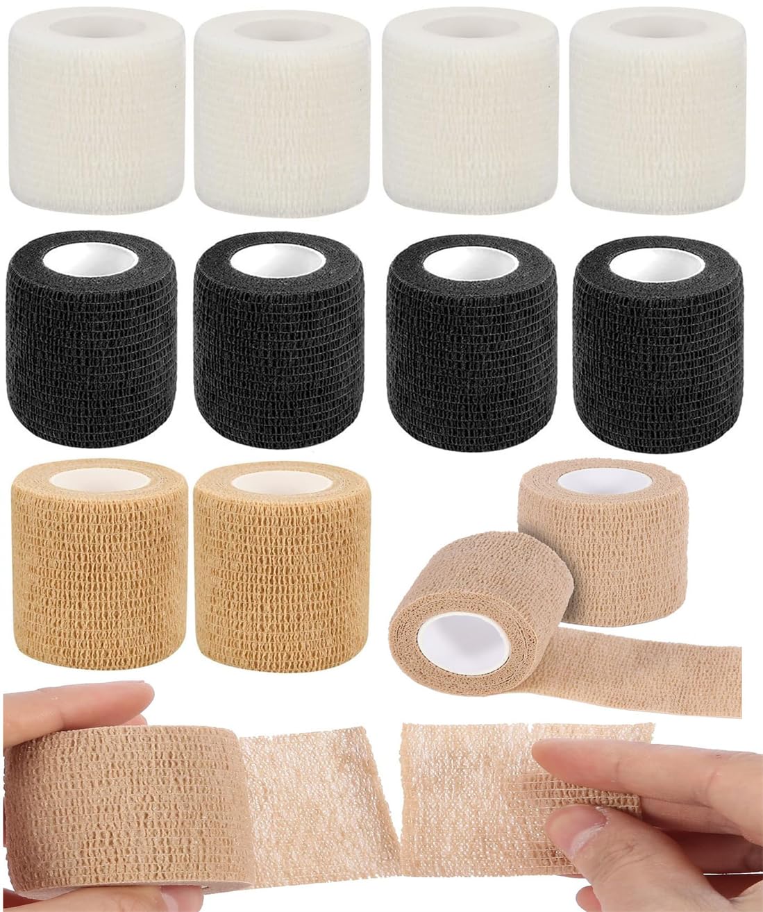 KWSLIN Self Adhesive Bandage Wrap, Elastic Breathable Cohesive Medical Tape Gauze, Bandage for Stretch Athletic, Sports Injury, Wrist, Ankle, Tatoo Wrap, 12 Pack, 2 Inches X 5 Yards, 3 Colors