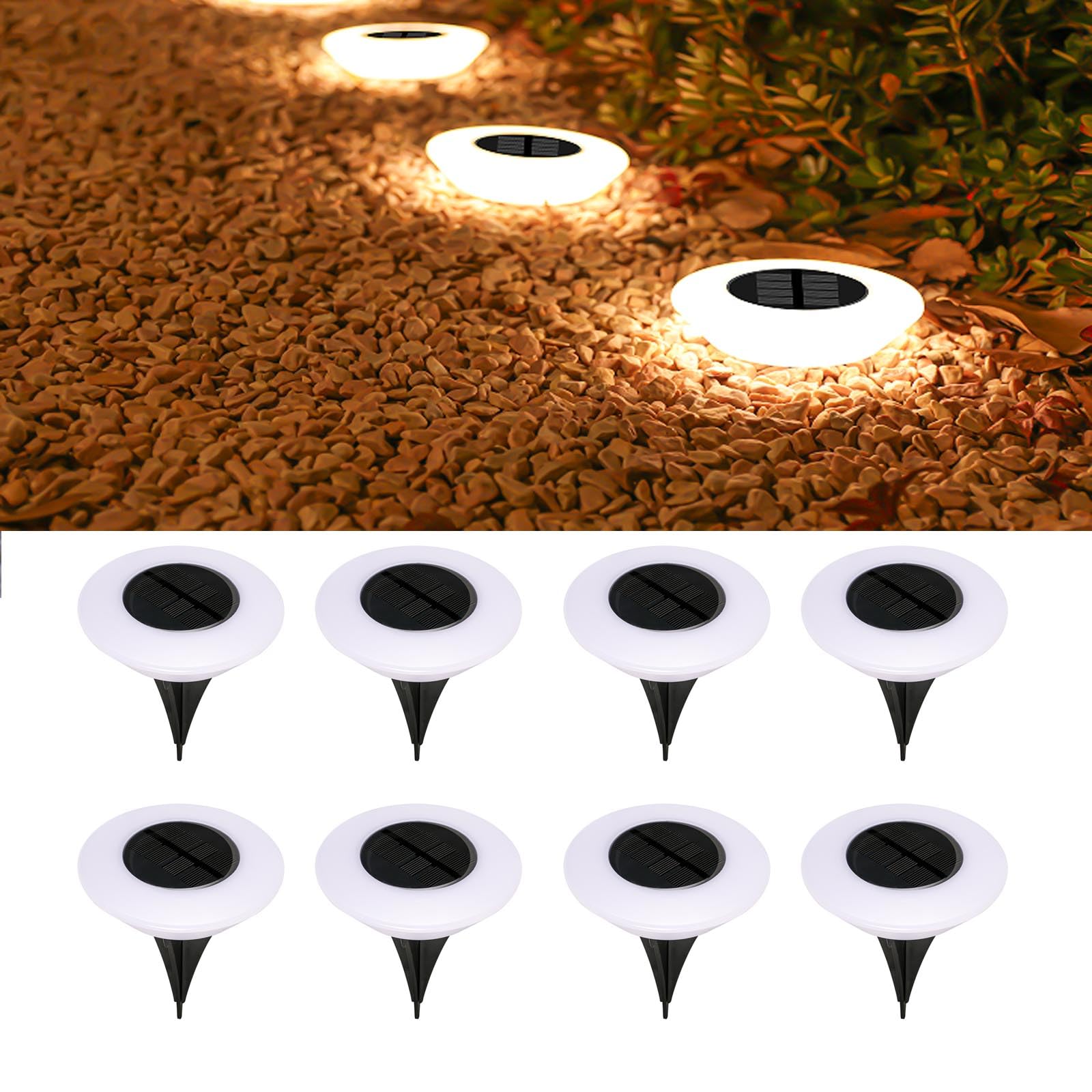 ASLIDECORSolar Ground Lights Outdoor，Solar Garden Light Landscape Lighting 8 Pack 14 LED Waterproof LED Path Lights for Yard Garden Lawn Pathway Patio Driveway Deck(Warm White)