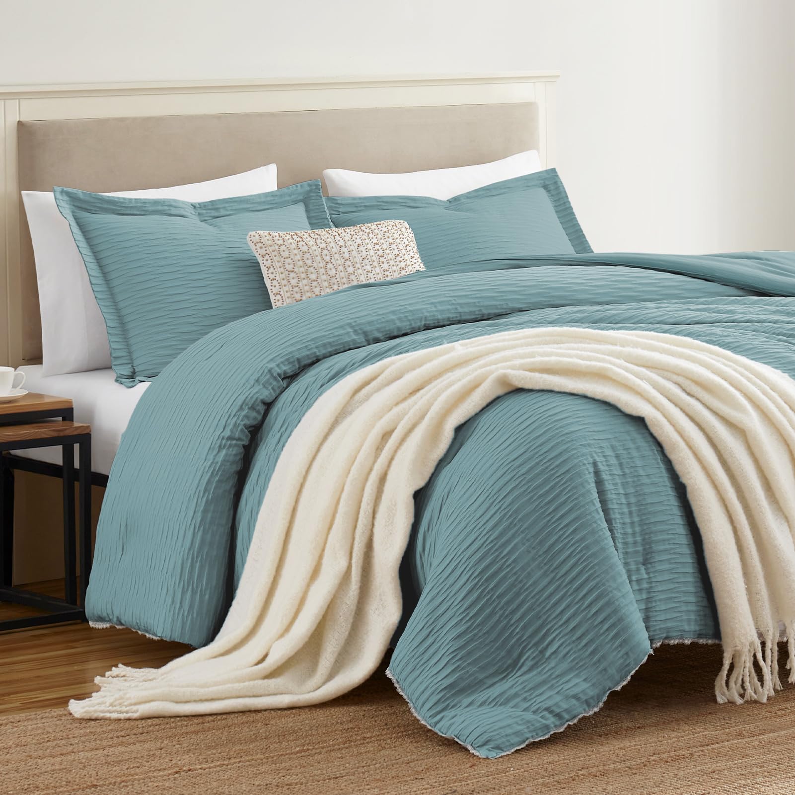 Homelike Moment King Comforter Set Teal Blue, 3 Pieces Lightweight Warm Jacquard Bed Sets with 2 Pillow Shams, Breathable Down Alternative Bedding Comforter Set for All Seasons