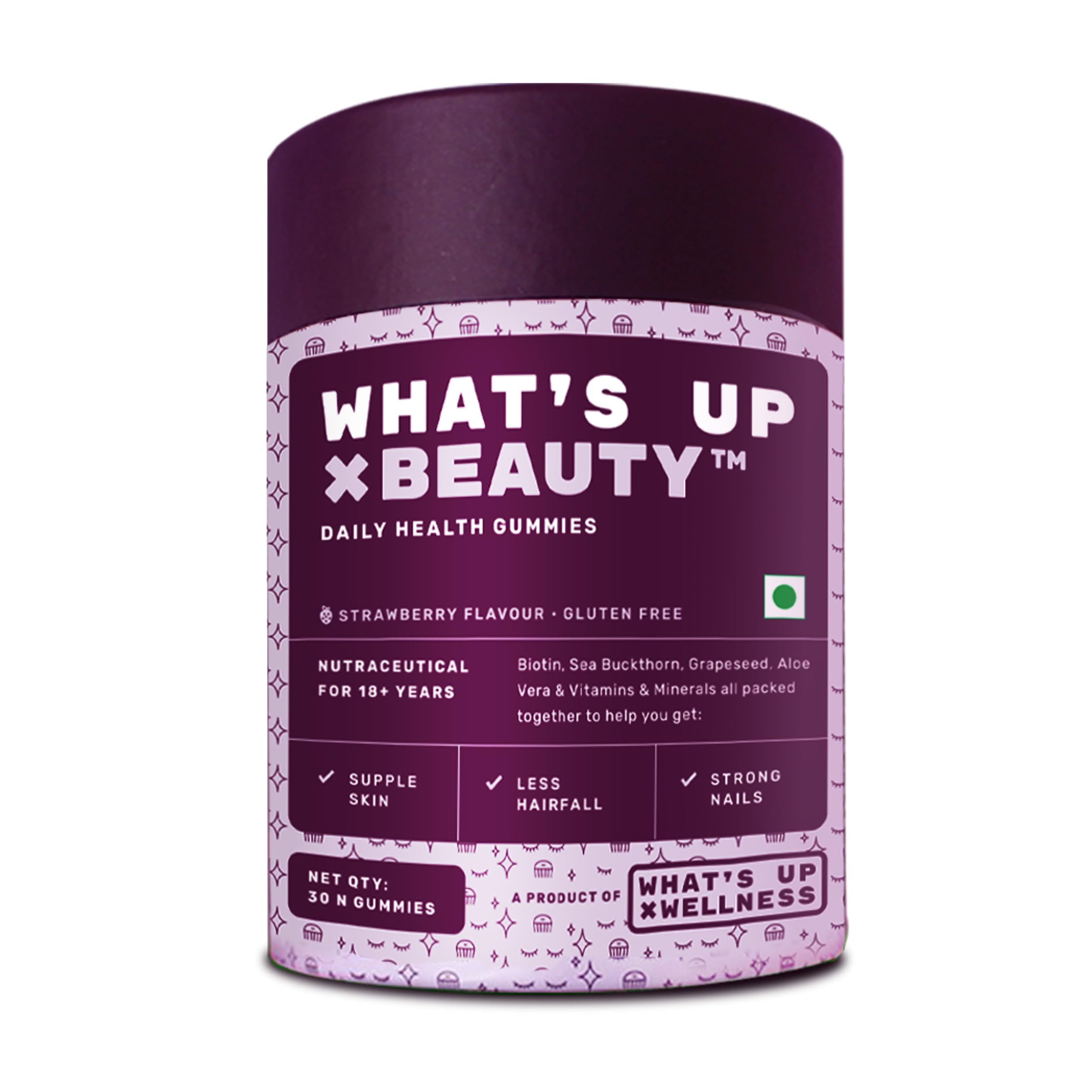 What's Up Wellness Biotin Gummies for Hair Growth, Bright Skin & Strong Nails, Vitamin A to E, Folic Acid, Zinc, Aloe Vera for Men & Women, 30 Days Pack