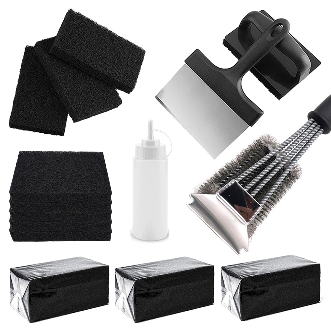 Origin-Joy 15 Piece Grill & Griddle Cleaning Kit for Blackstone, Flat Top Grill Cleaner Tool Accessories - 1 Grill Brush, 1 Sc, 1 Squeeze Bottle, 3 Cleaning Bricks, 8 Scouring Pads and 1 Handle