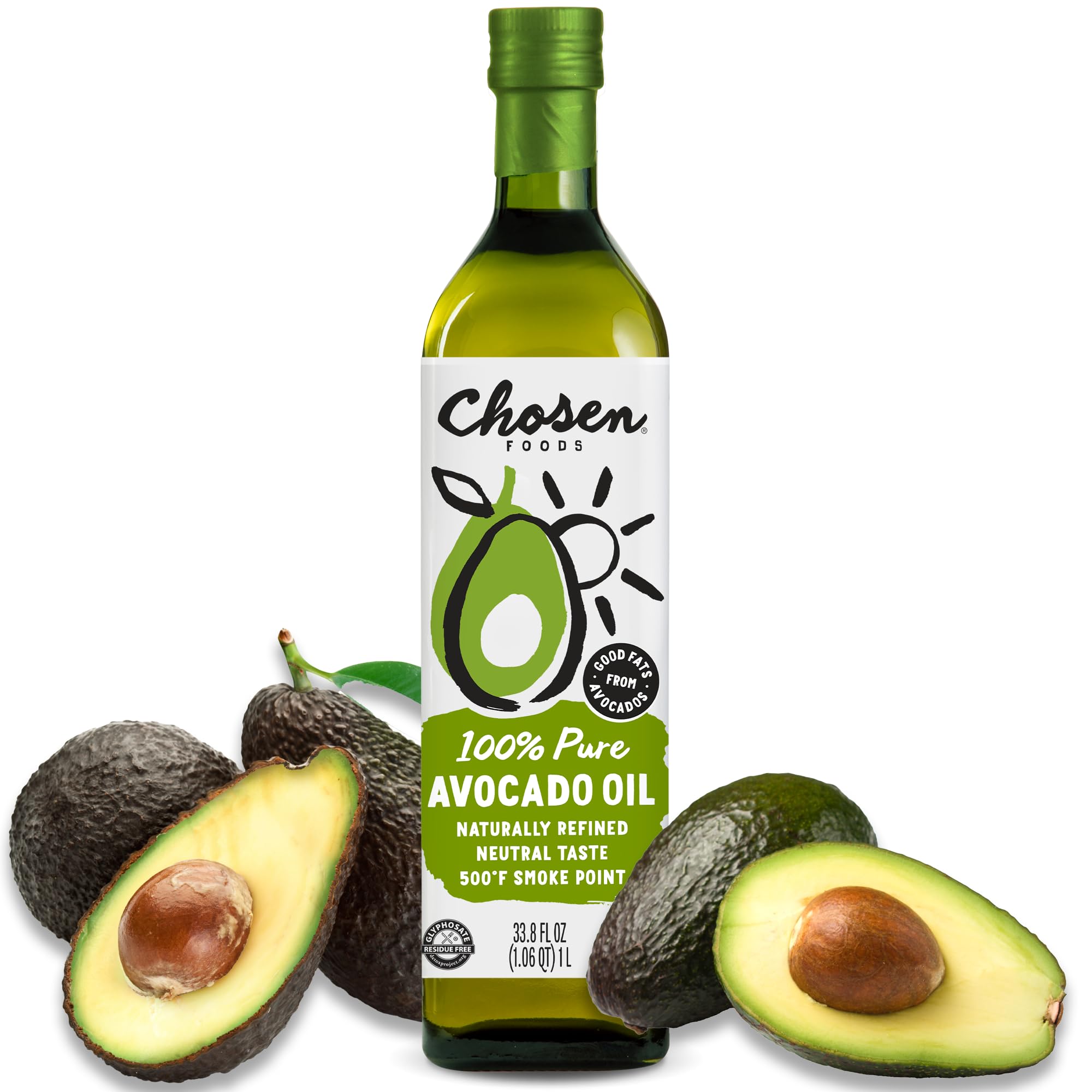 Chosen Foods 100% Pure Avocado Oil, 1L, Non-GMO, for High Heat Cooking, Frying, Baking, Homemade Sauces, Dressings and Marinades