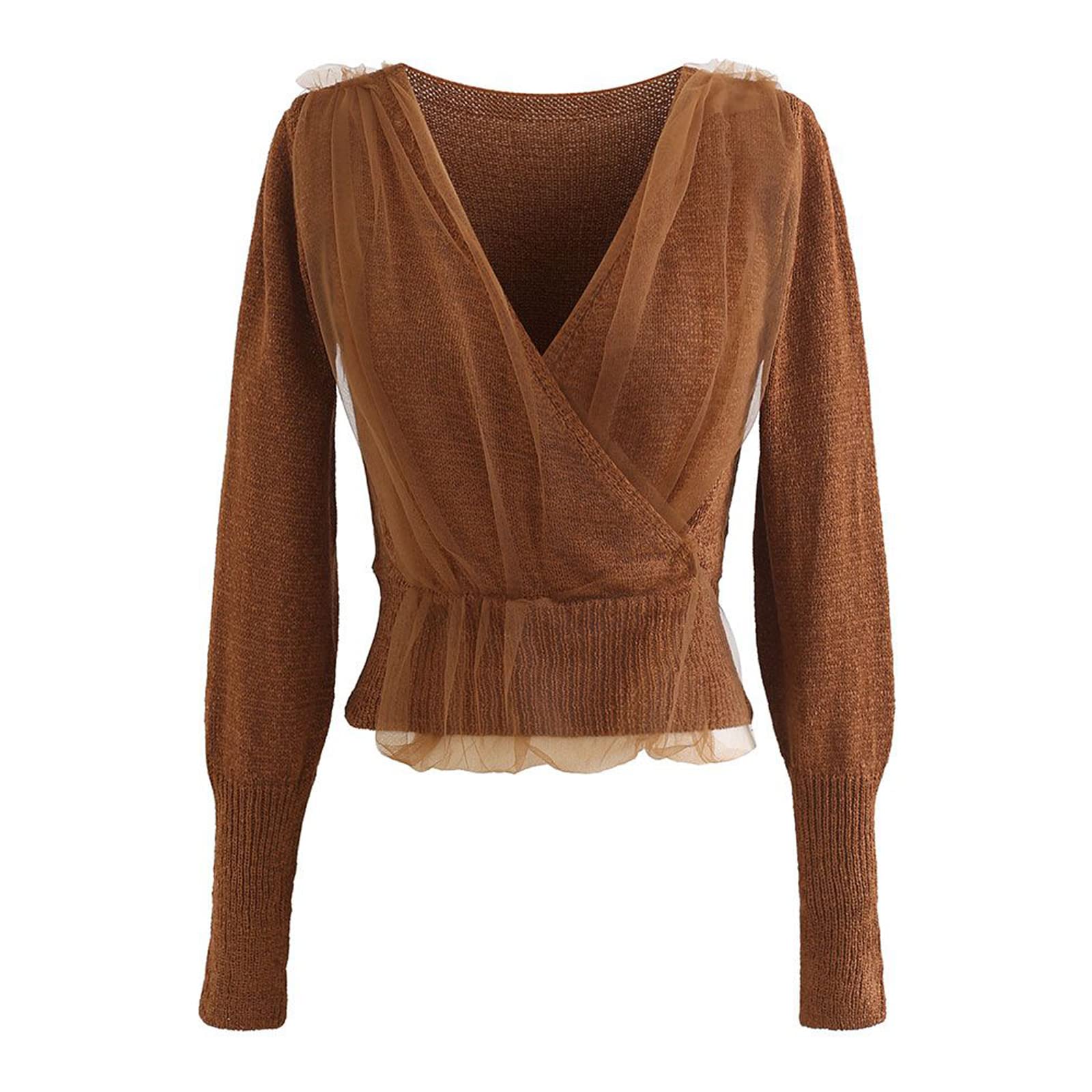 Women's Comfy Casual Caramel Mesh Overlay Long Sleeve Wrap Crop Knit Top