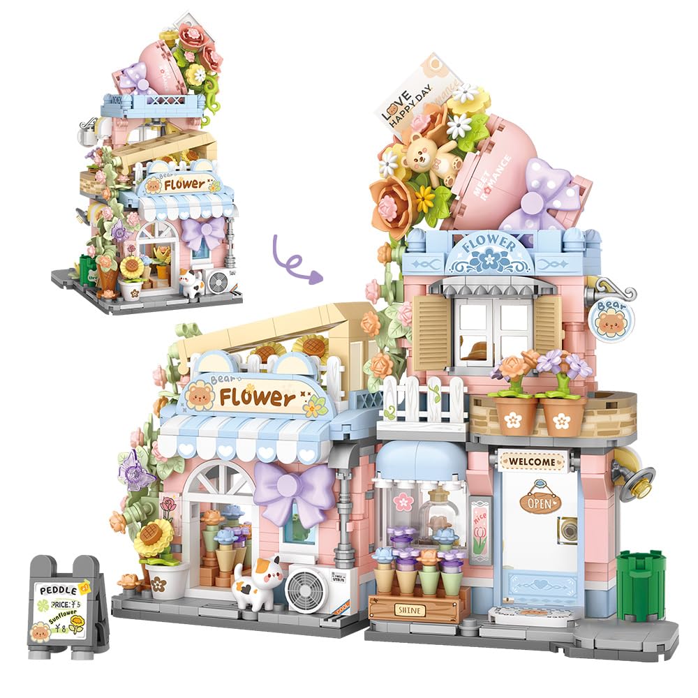 Bear Florist Building Set,Openable Flower Shop 854PCS Building Toy for Boys Girls Age 8+, Mini Brick (Not Compatible with Lego)