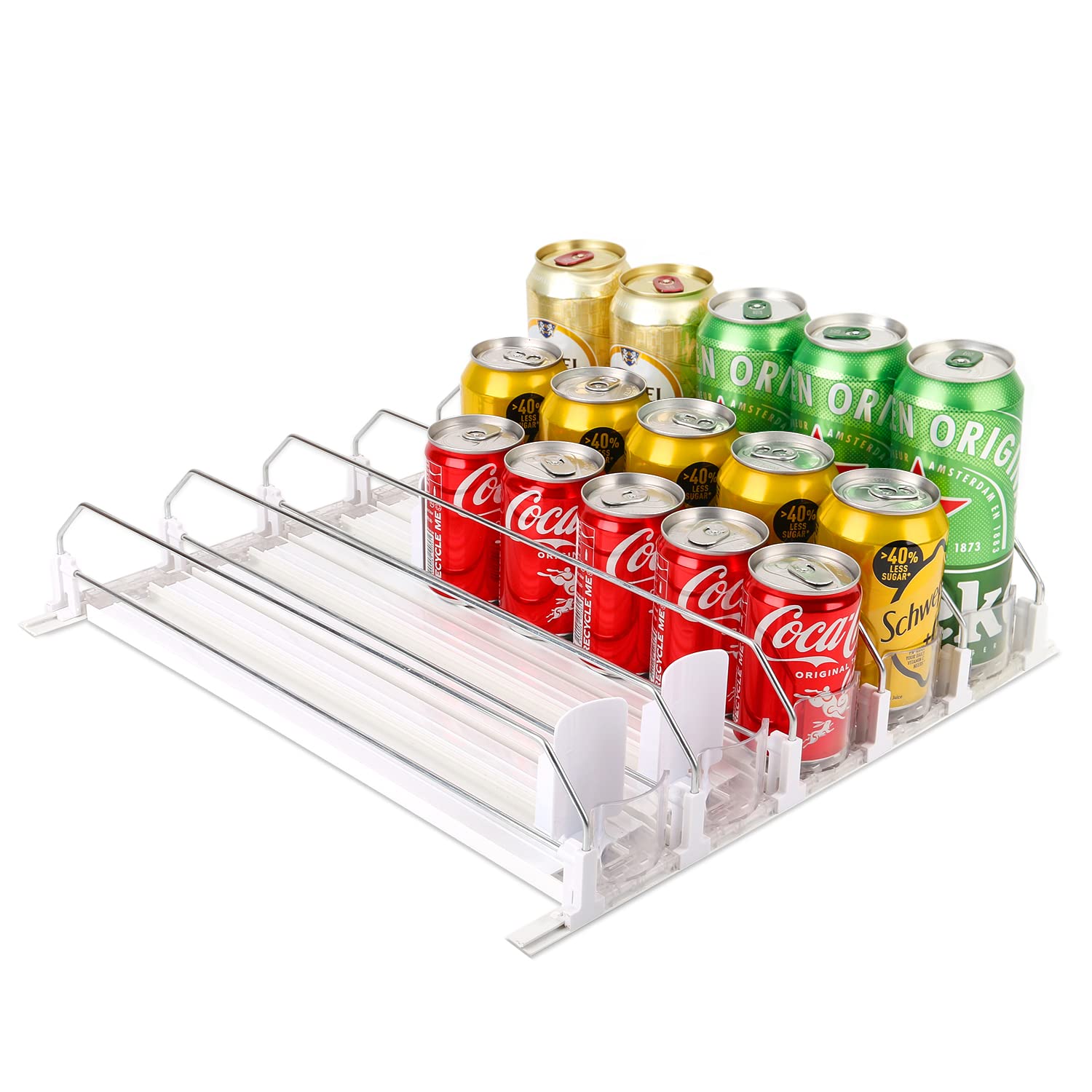 MAXTUF Drink Dispenser for Fridge, Soda Can Organizer for Refrigerator, Adjustable Width Beverage Self-Pushing Glide Rack, Up to 25 Cans Storage for Fridge Pantry (White, 15 Inch, 5 Rows)