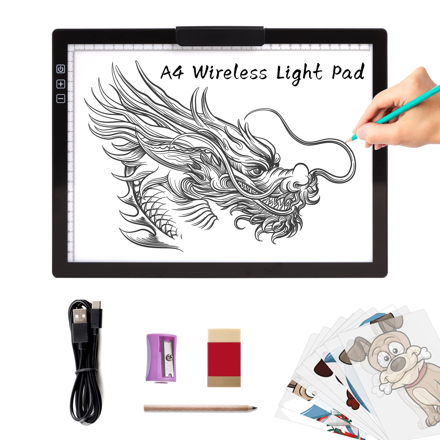 A4 Wireless LED Light Pad with Innovative Stand and Top Clip, TOHETO Rechargeable Battery Powered Light Box Stepless Dimmable 6 Levels Brightness Cordless Light Board for Tracing Weeding Vinyl (Black)