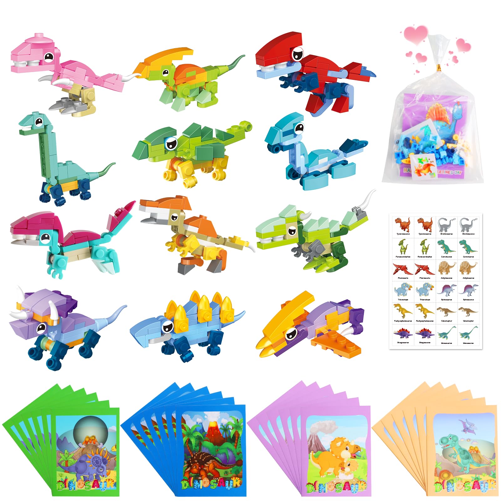 24 Packet, Bulk Valentines Day Gifts for Kids Classroom, Include Dinosaur Building Blocks, Cards, Stickers, Goodie Bag, Valentines Party Favors Class Exchange for Boys Girls