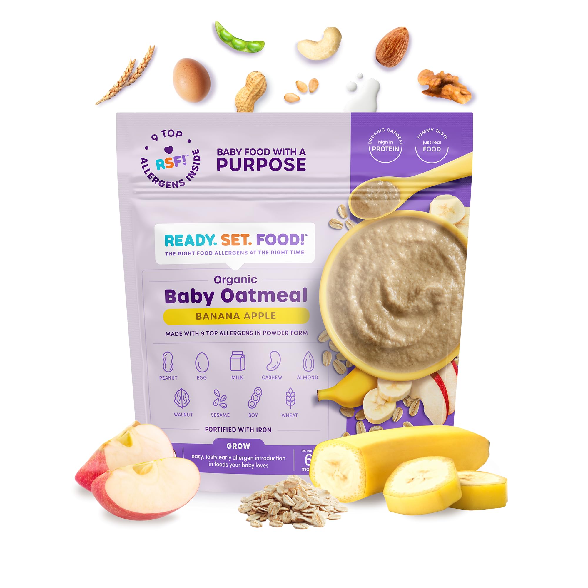 Ready Set Food Organic Baby Oatmeal Cereal – Safe & Easy Early Allergen Exposure for Babies 6+ Months, Organic Baby Food with 9 Top Allergens: Organic Peanuts, Milk, Eggs, Cashews & More (15 Servings) (Banana Apple)