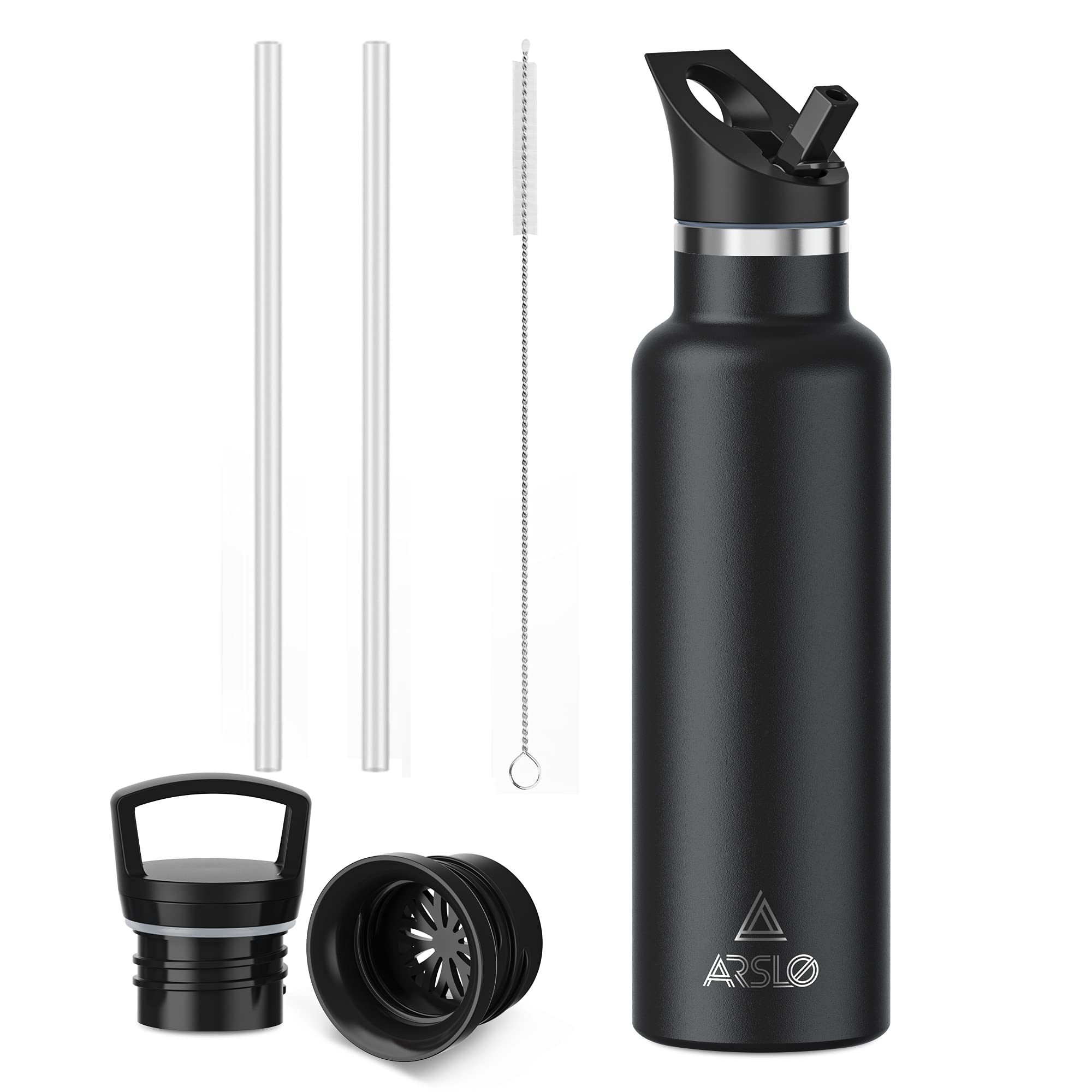 Arslo Stainless Steel Water Bottle with Straw - Insulated Water Bottle for Sports, Gym, School, Commute, Adults/Kids - Keep Cold for up to 24 Hours - Sweat/Leak-proof - 2 Lids - BPA Free