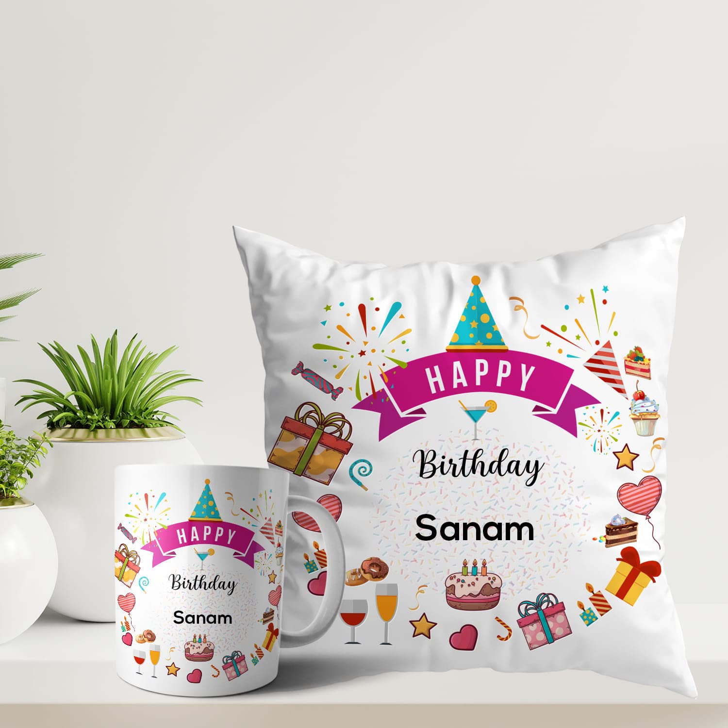 ASHVAH Happy Birthday Sanam Coffee Mug and Cushion Combo Gift (Pack of 2) for Son, Brother, Boyfriend, Husband, Friend, Name - Sanam