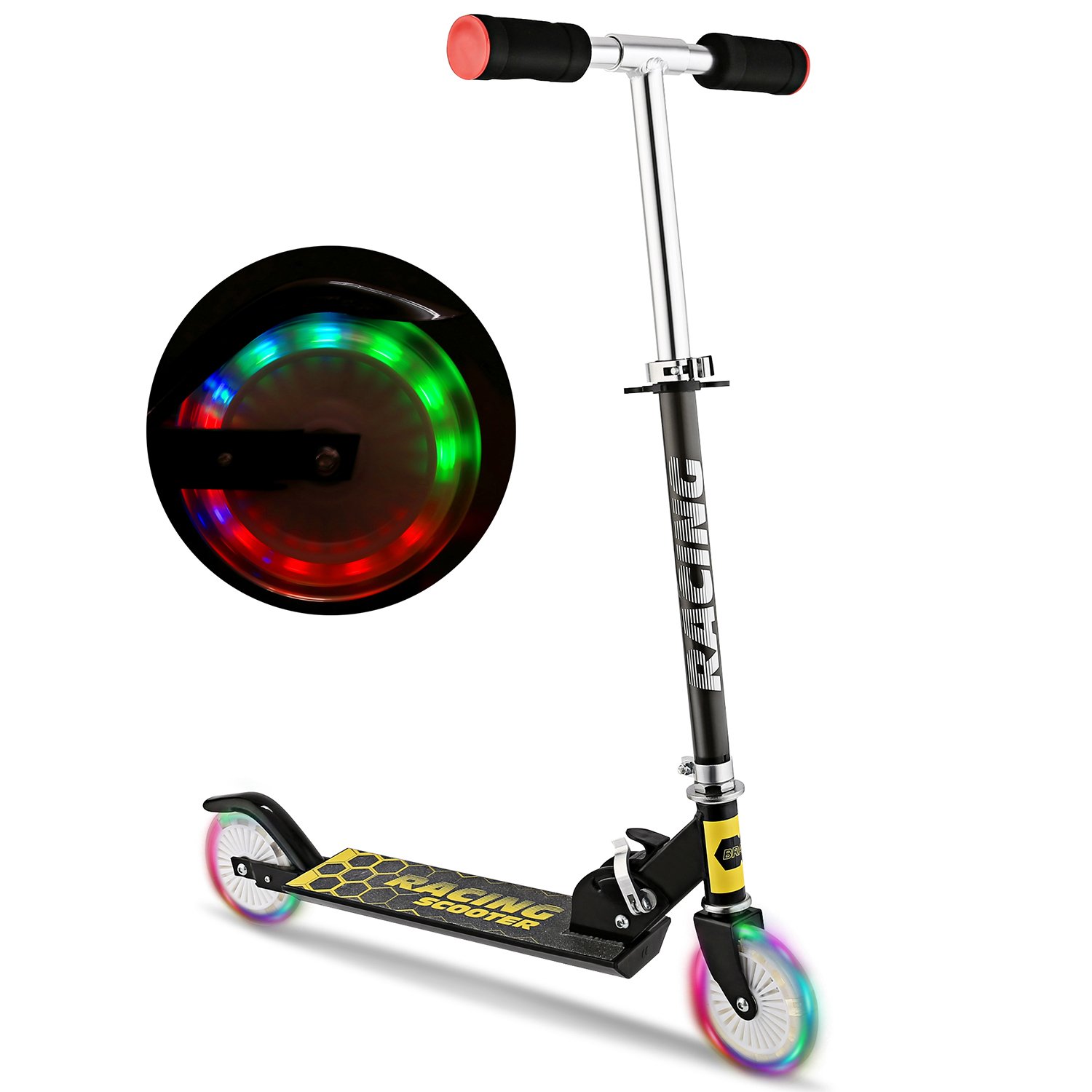 Hikole Scooter for Kids with LED Light Up Wheels, Adjustable Height Kick Scooters for Boys and Girls 3-12, Rear Fender Break|5lb Lightweight Folding Kids Scooter, 110lb Weight Capacity