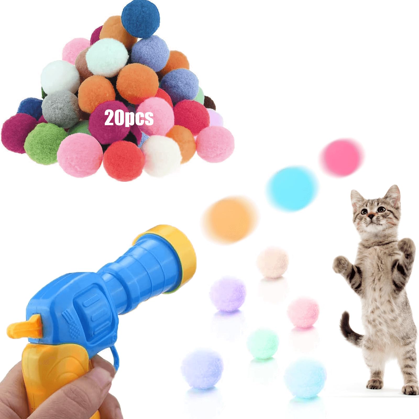 Kalimdor Cat Toy Ball Launcher,Interactive Cat Toys,Cat Fetch Toy Shooter, Plush Ball Shooting Gun with 20Pcs Plush Balls, Toys Interactive for Indoor Cats