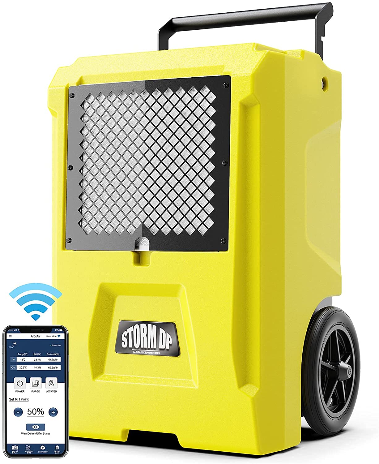 ALORAIR110 PPD Commercial Dehumidifiers APP Control Basement Dehumidifier Up to 1300 Sq.Ft Dehumidifier with Drain Hose for Garage,Basements, Flood Repair Yellow