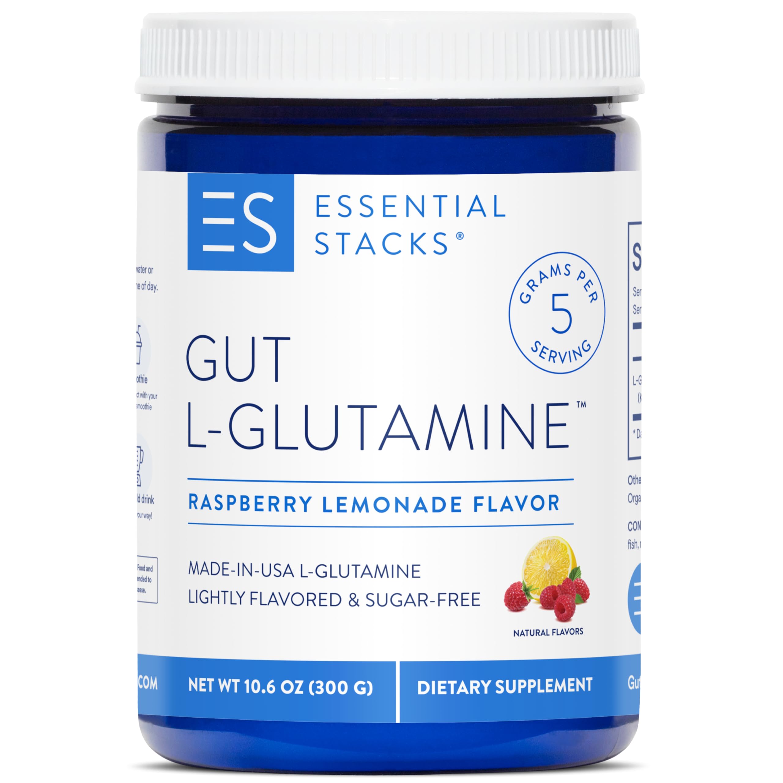 Essential Stacks Flavored Gut L-Glutamine Powder (Raspberry Lemonade) - Sugar Free & Gluten Free - Made with Organic Raspberry & Lemon Flavors (50 Servings)