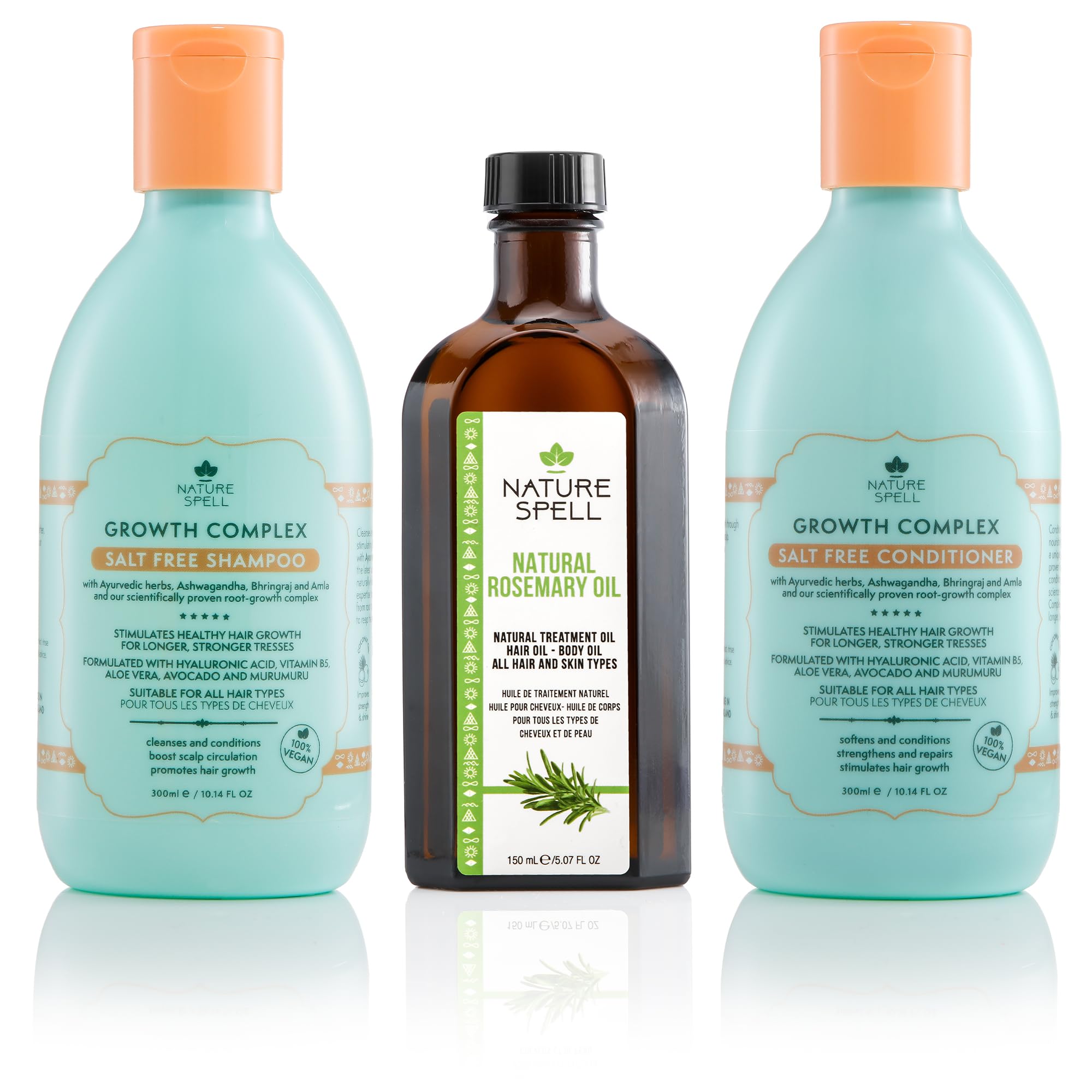 Nature Spell Rosemary Oil With Hair Growth Shampoo & Conditioner, Pack of 3 Gift Set, 150ml x1 300ml x2, Made In The UK