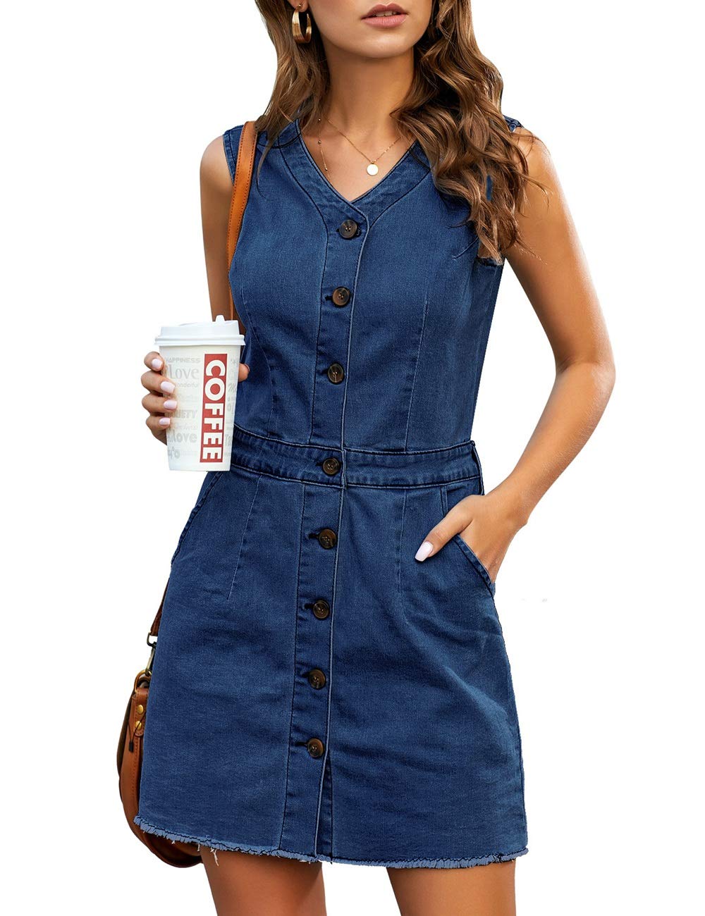 luvamiaWomen's Casual V Neck Sleeveless Jeans Button Down Denim Short Dress