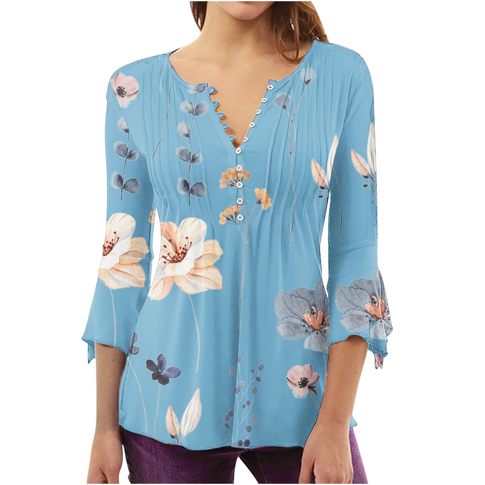 Ladies Tops and Blouses 3/4 Sleeve Button Up Summer T Shirts Casual Pleated V Neck Floral Print Loose Fit Tunics